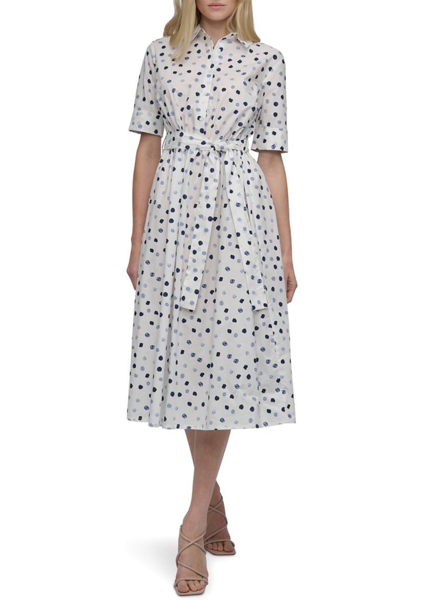Womens Short Sleeve Collar Neck Dot Print Shirtdress