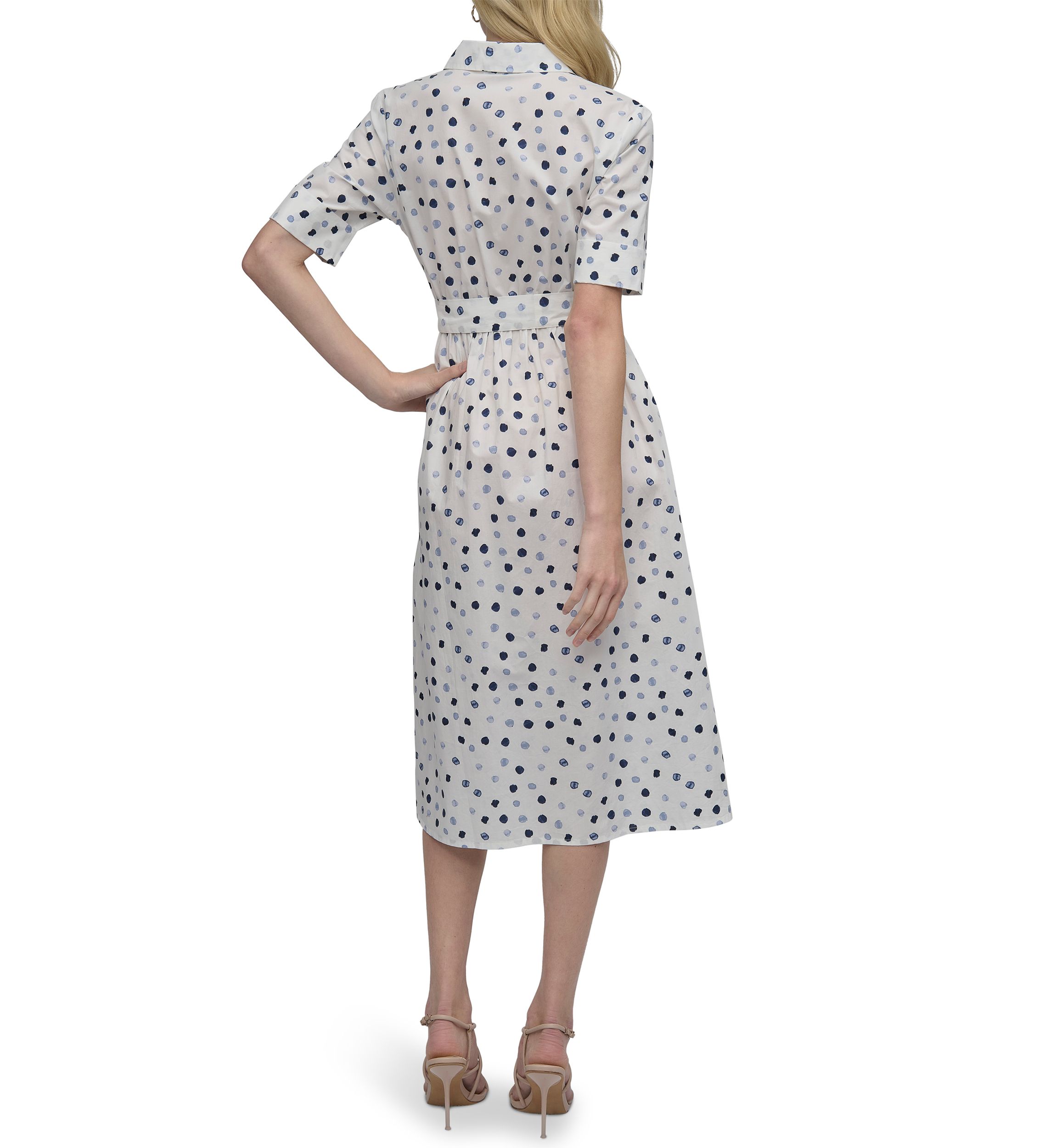 Womens Short Sleeve Collar Neck Dot Print Shirtdress