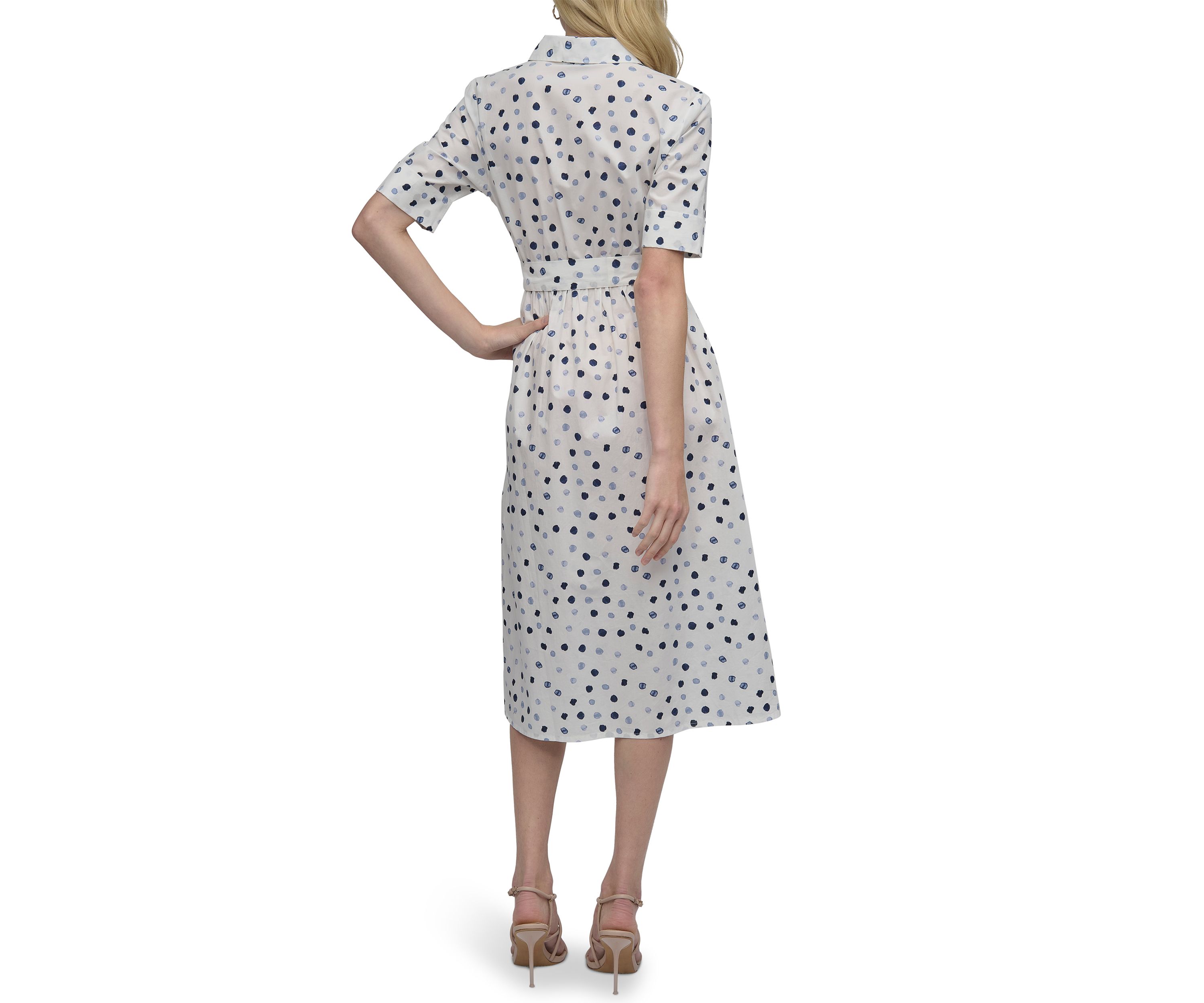 Womens Short Sleeve Collar Neck Dot Print Shirtdress