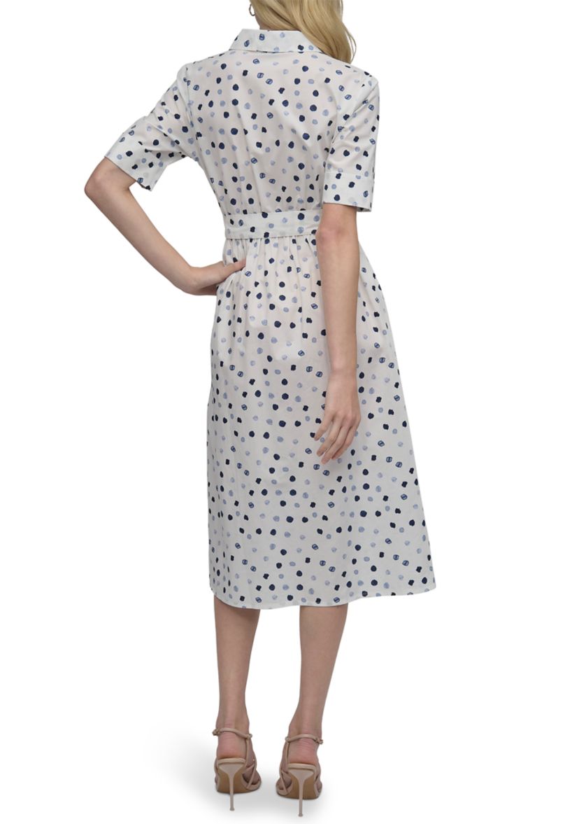 Womens Short Sleeve Collar Neck Dot Print Shirtdress