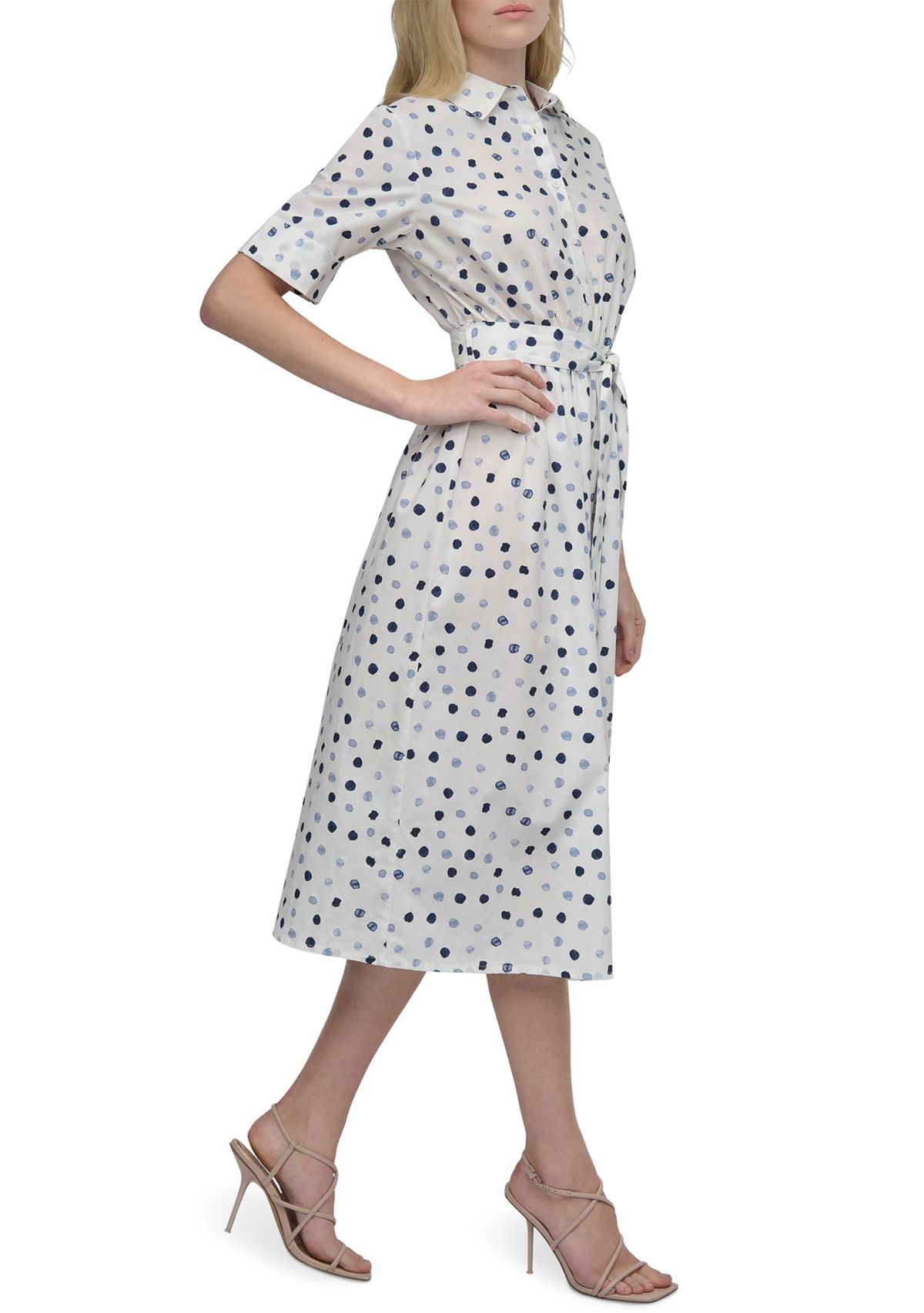 Womens Short Sleeve Collar Neck Dot Print Shirtdress