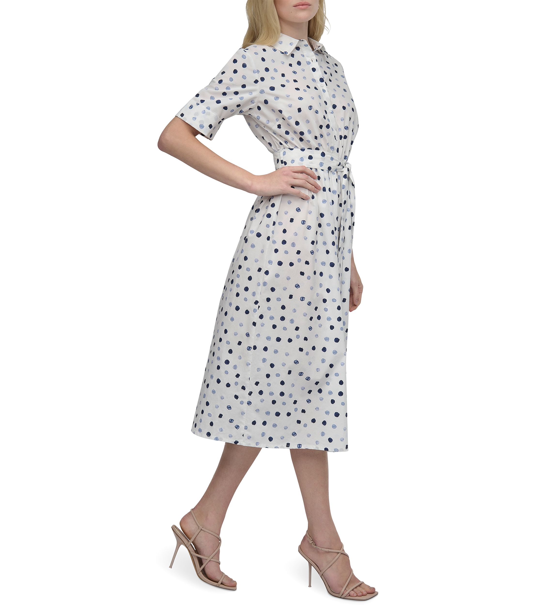Womens Short Sleeve Collar Neck Dot Print Shirtdress