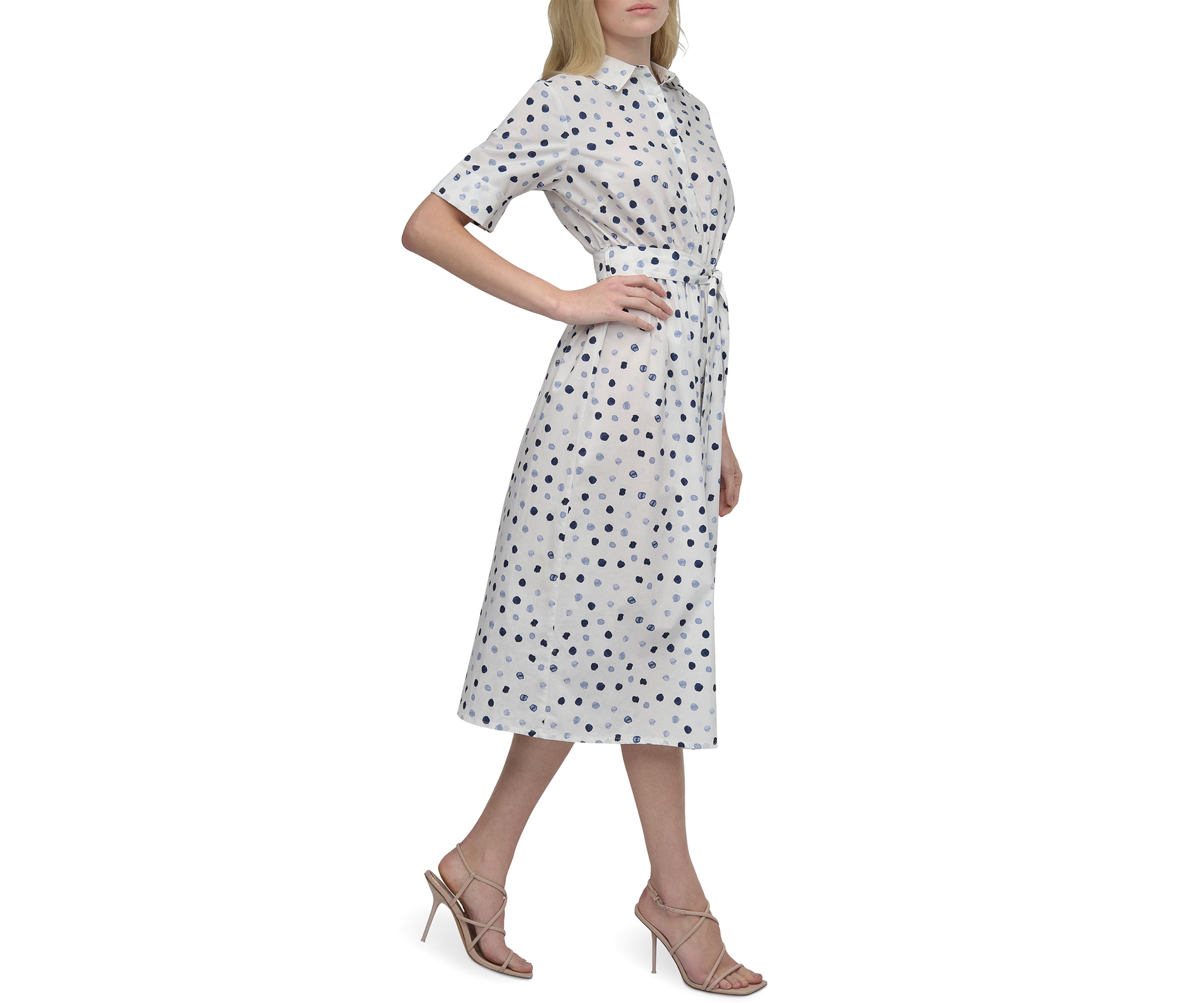 Womens Short Sleeve Collar Neck Dot Print Shirtdress