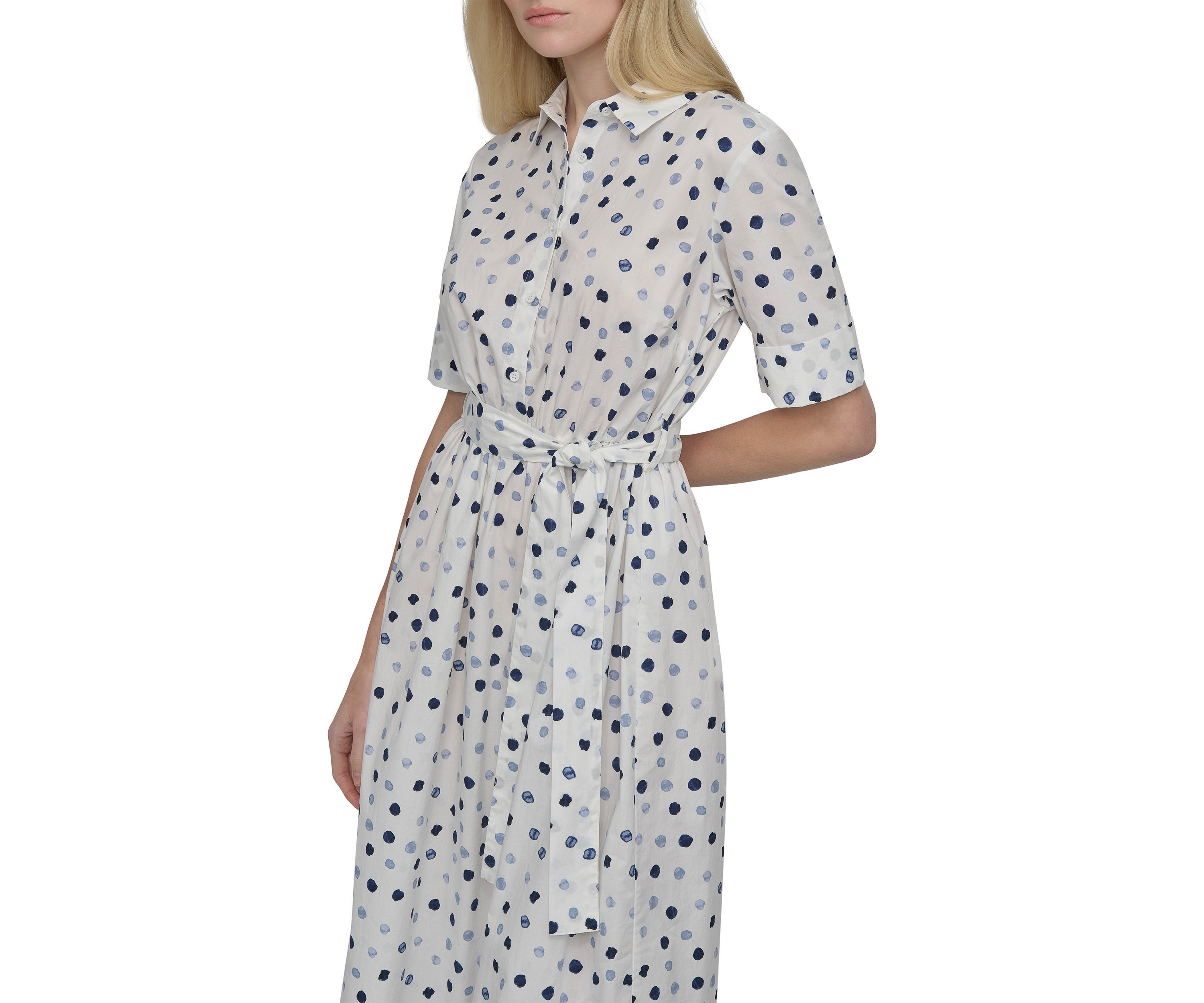 Womens Short Sleeve Collar Neck Dot Print Shirtdress