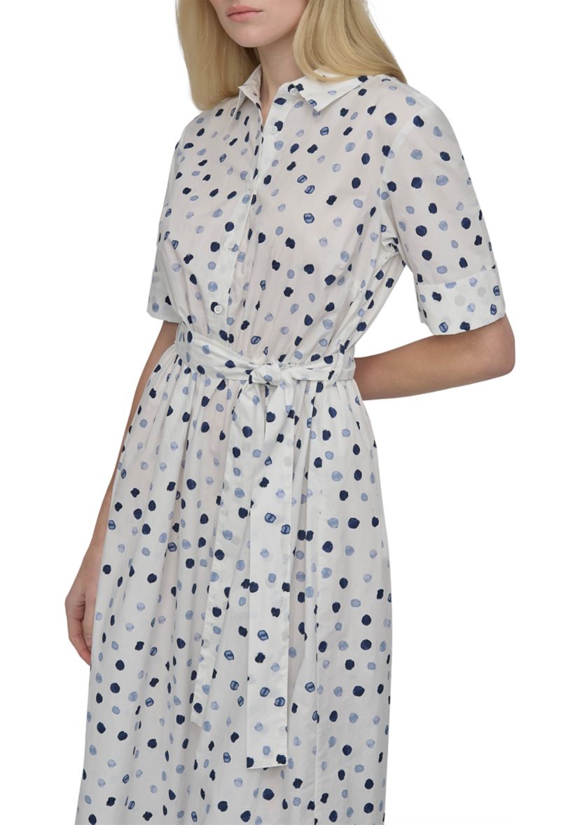 Womens Short Sleeve Collar Neck Dot Print Shirtdress