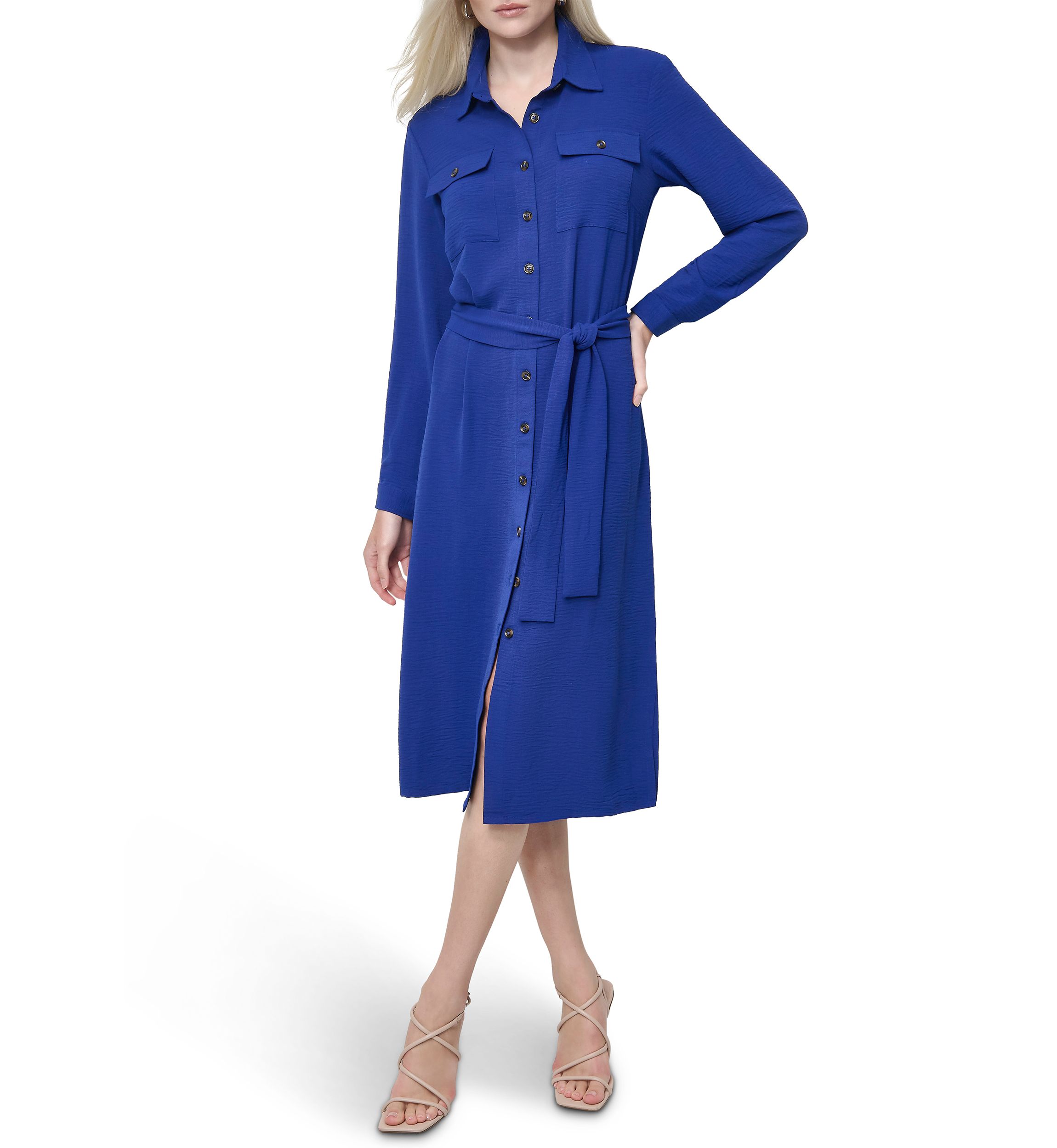 Womens Long Sleeve Collared Button Front Shirtdress 
