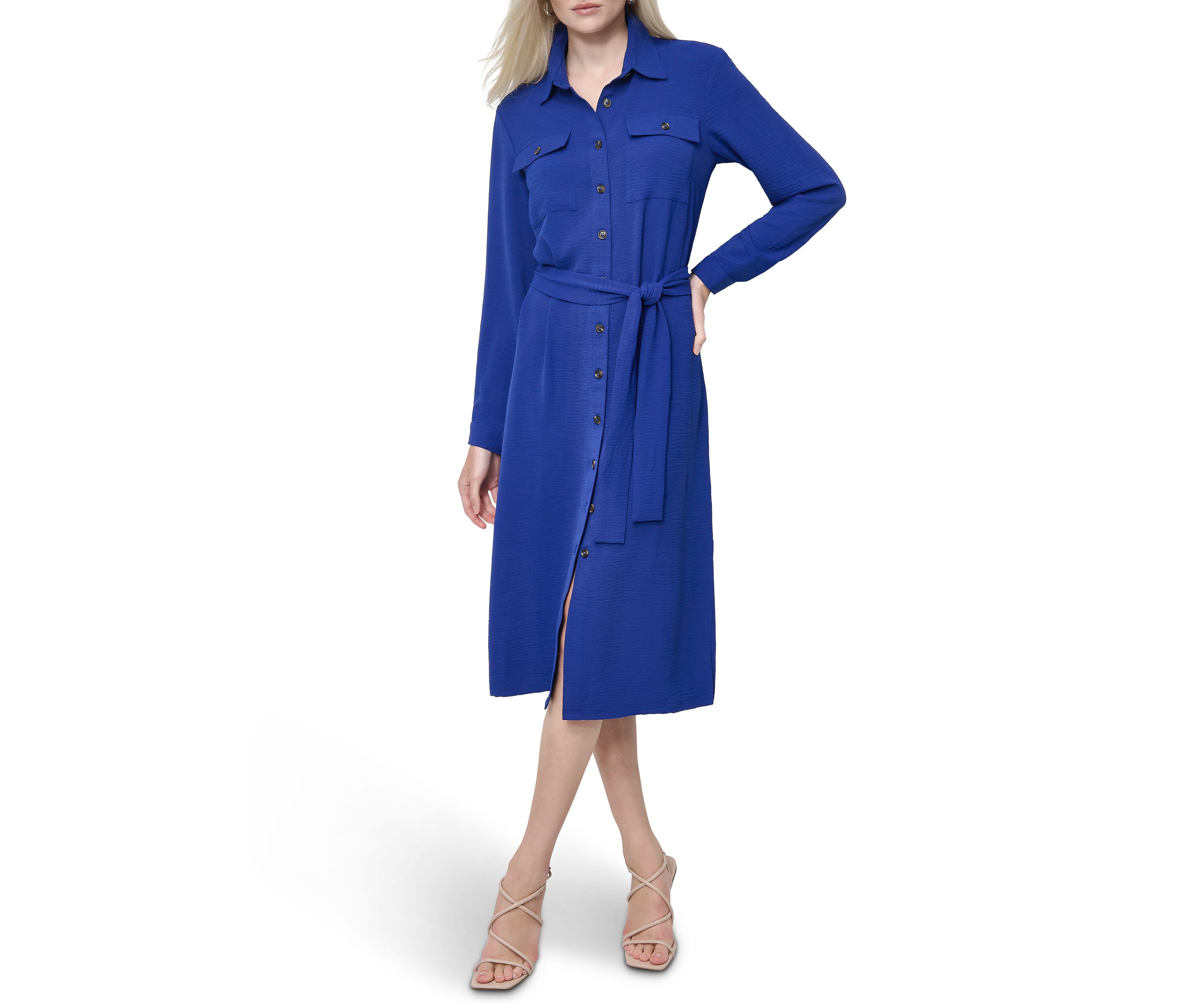 Womens Long Sleeve Collared Button Front Shirtdress 