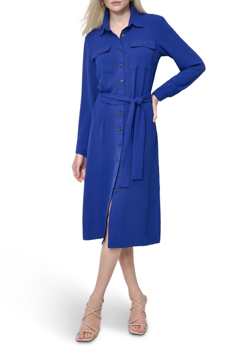 Womens Long Sleeve Collared Button Front Shirtdress 