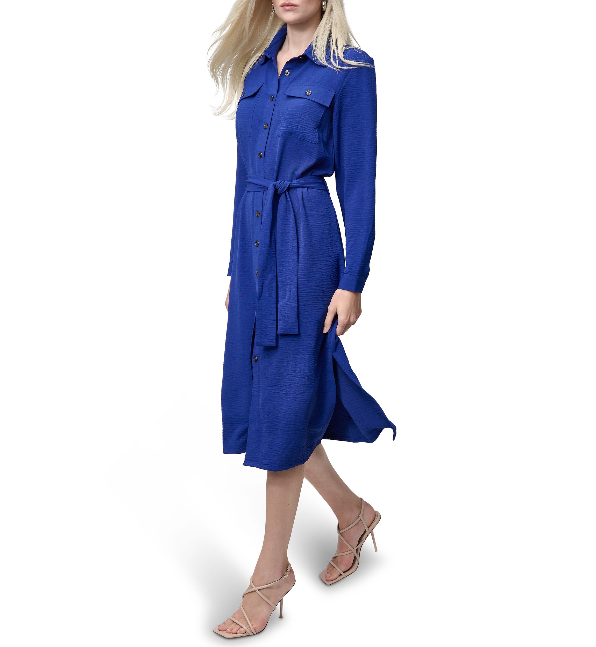 Womens Long Sleeve Collared Button Front Shirtdress 
