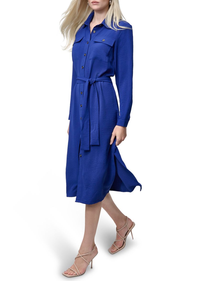 Womens Long Sleeve Collared Button Front Shirtdress 
