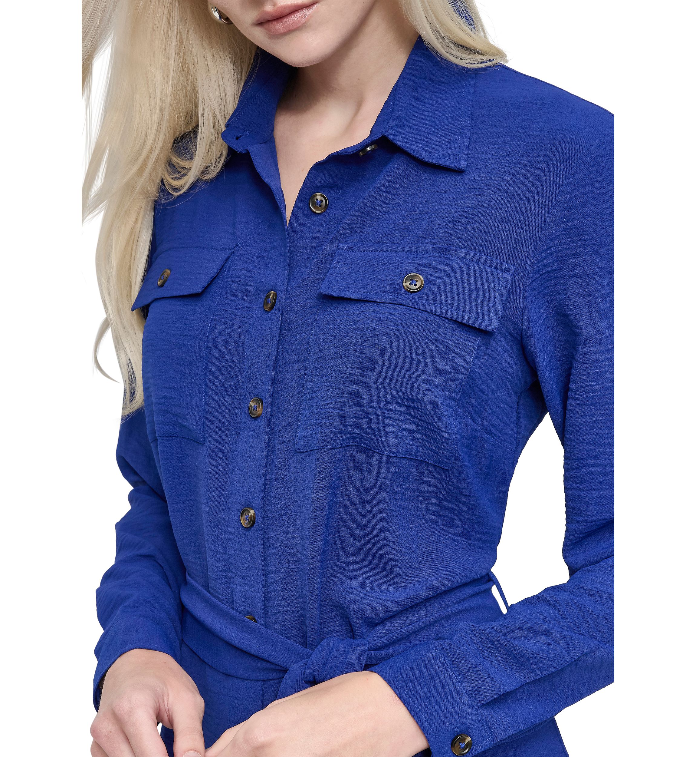 Womens Long Sleeve Collared Button Front Shirtdress 