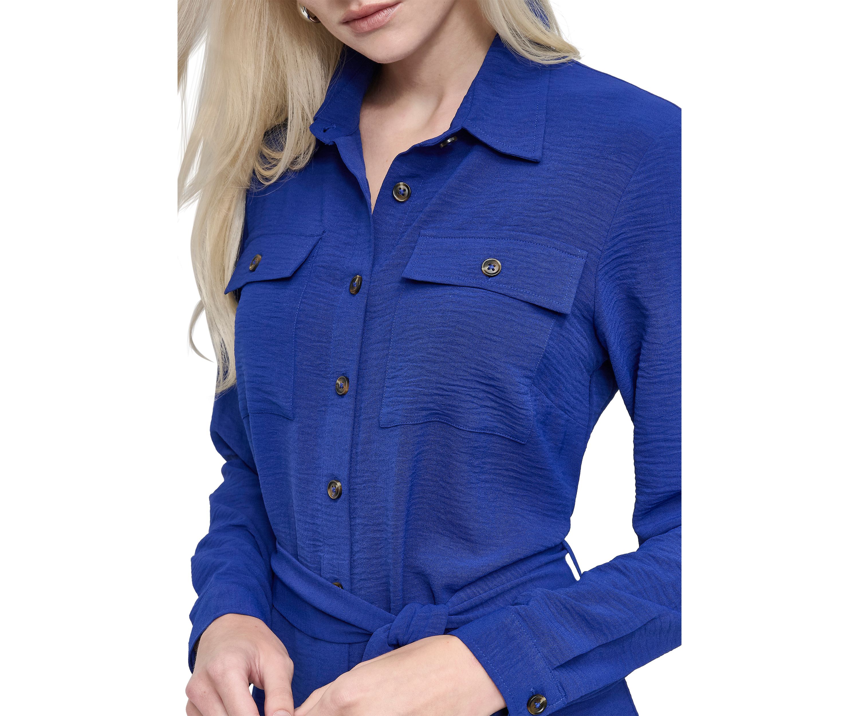 Womens Long Sleeve Collared Button Front Shirtdress 