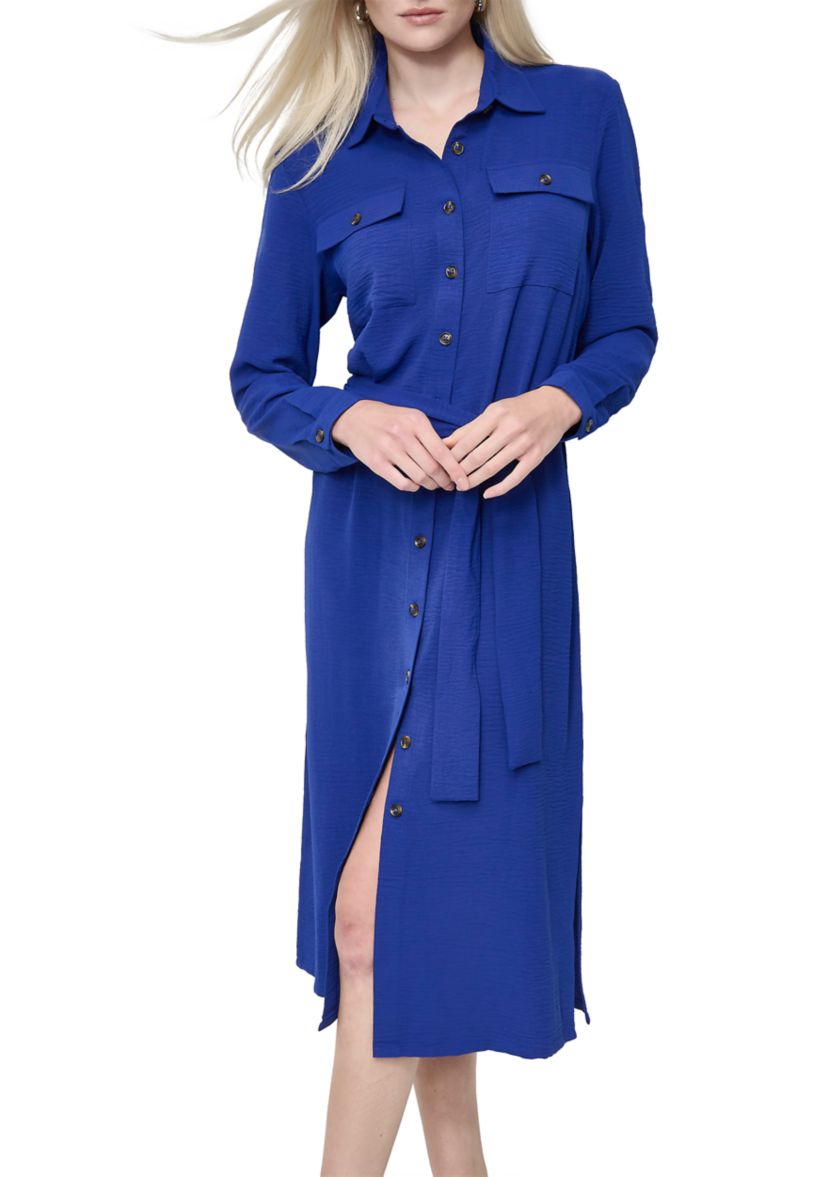 Womens Long Sleeve Collared Button Front Shirtdress 