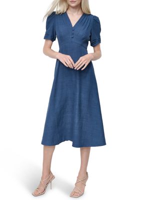 DKNY Women's V-Neck Denim Midi Dress