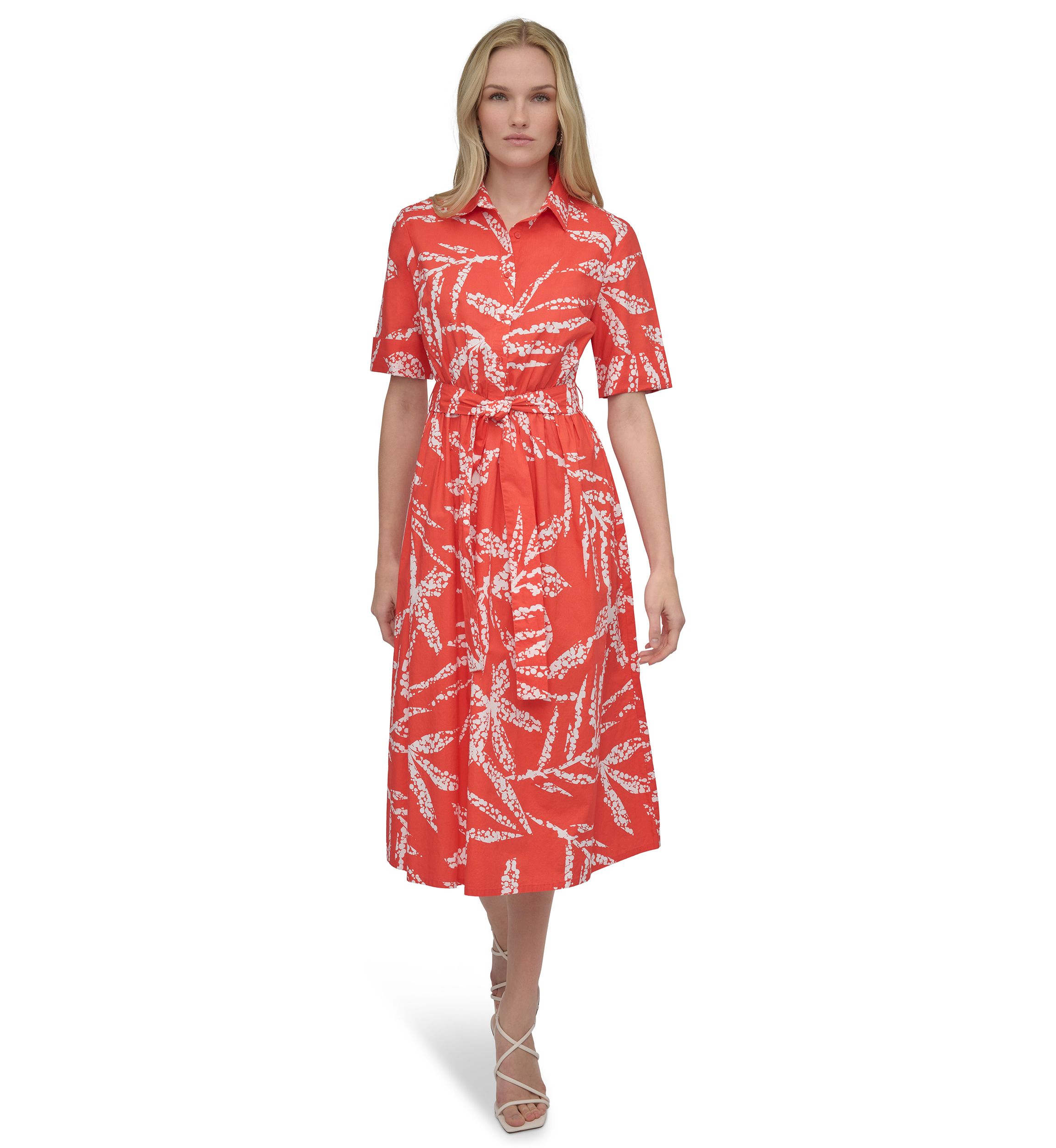 Womens Elbow Sleeve Collar Neck Leaf Print Shirtdress 