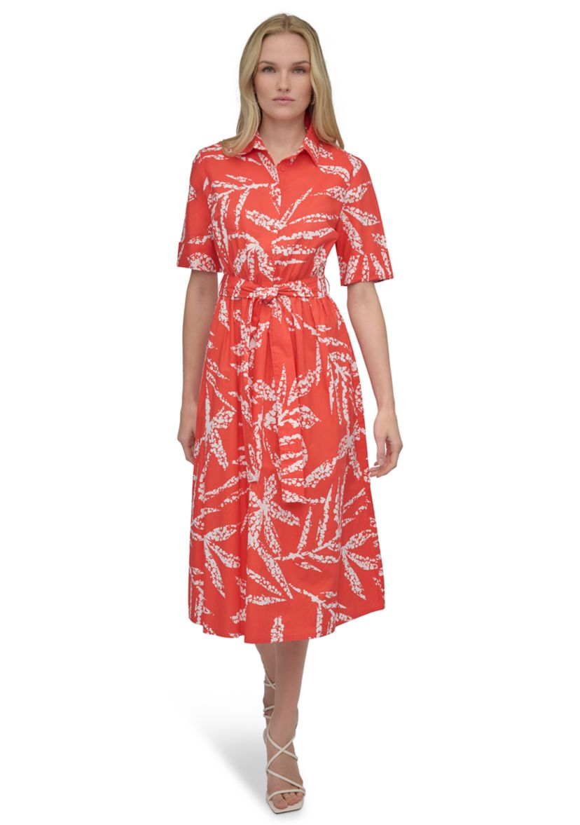 Womens Elbow Sleeve Collar Neck Leaf Print Shirtdress 