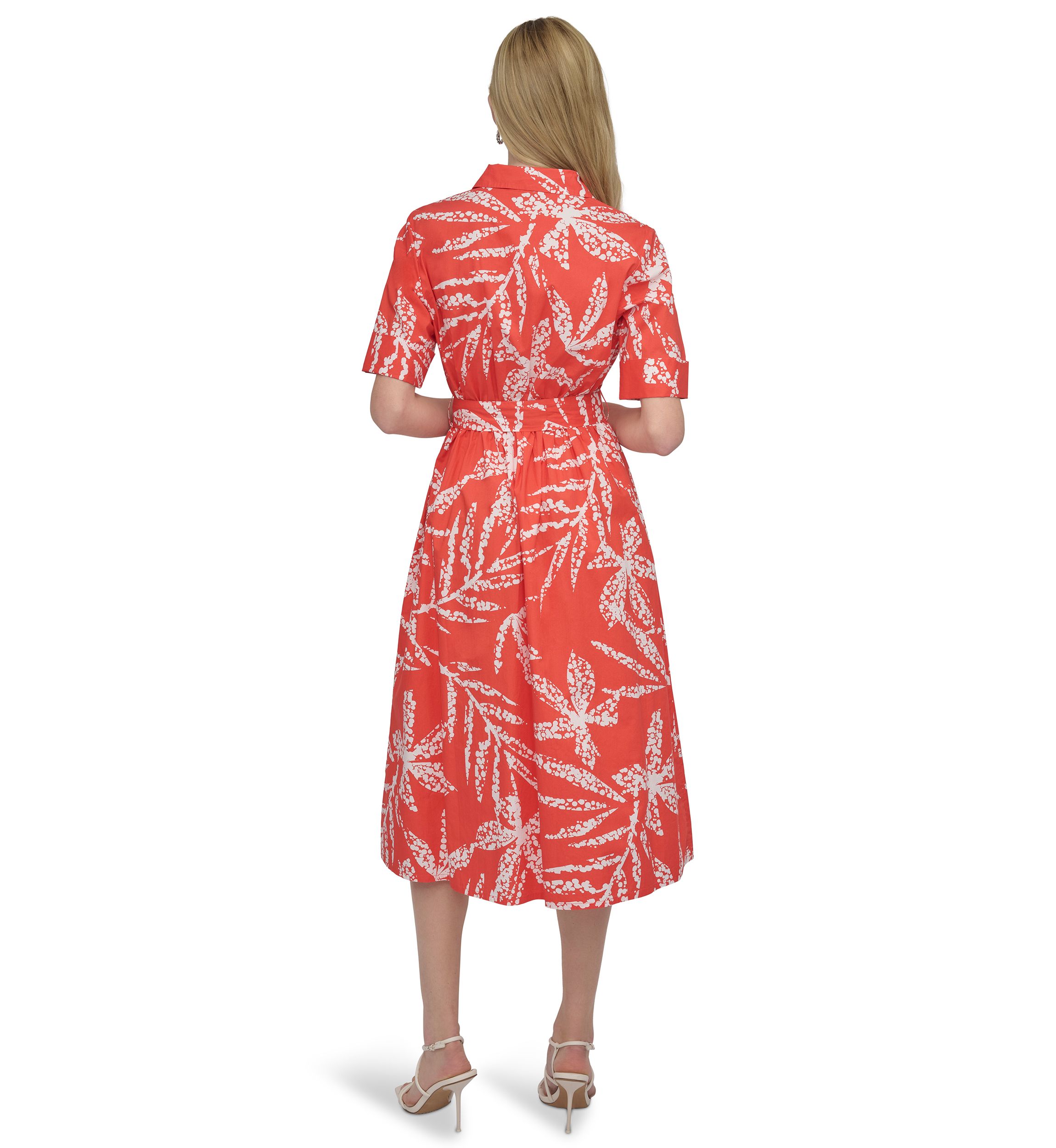 Womens Elbow Sleeve Collar Neck Leaf Print Shirtdress 