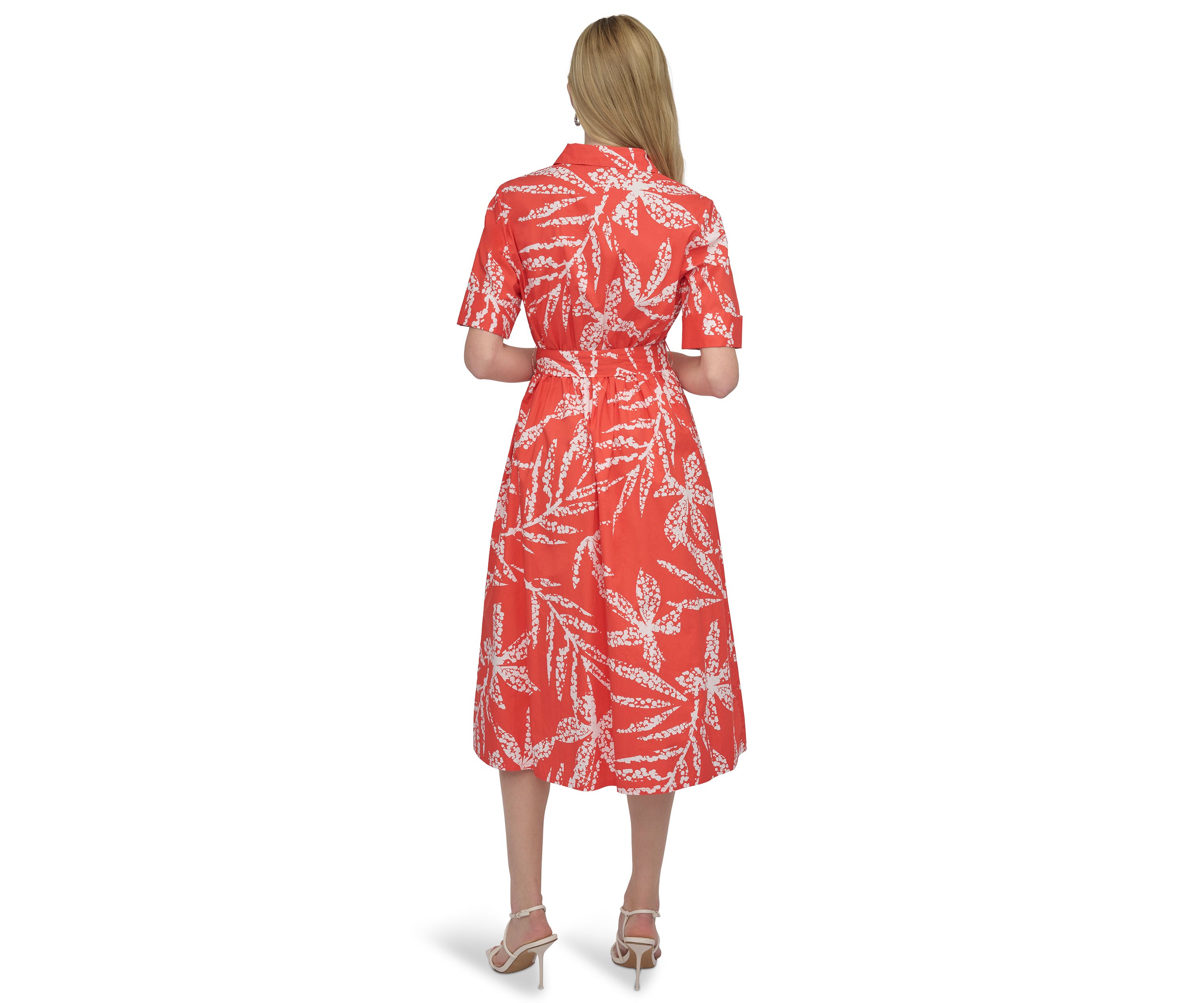 Womens Elbow Sleeve Collar Neck Leaf Print Shirtdress 