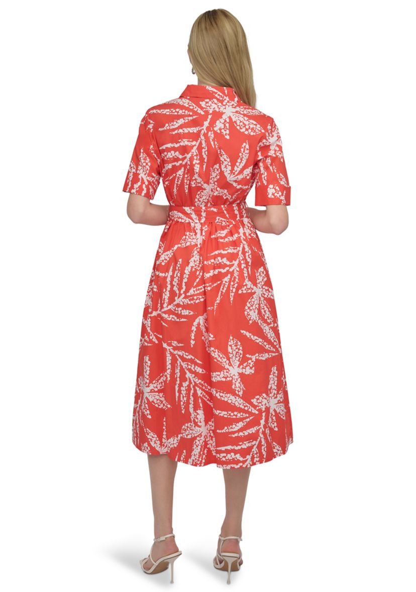 Womens Elbow Sleeve Collar Neck Leaf Print Shirtdress 