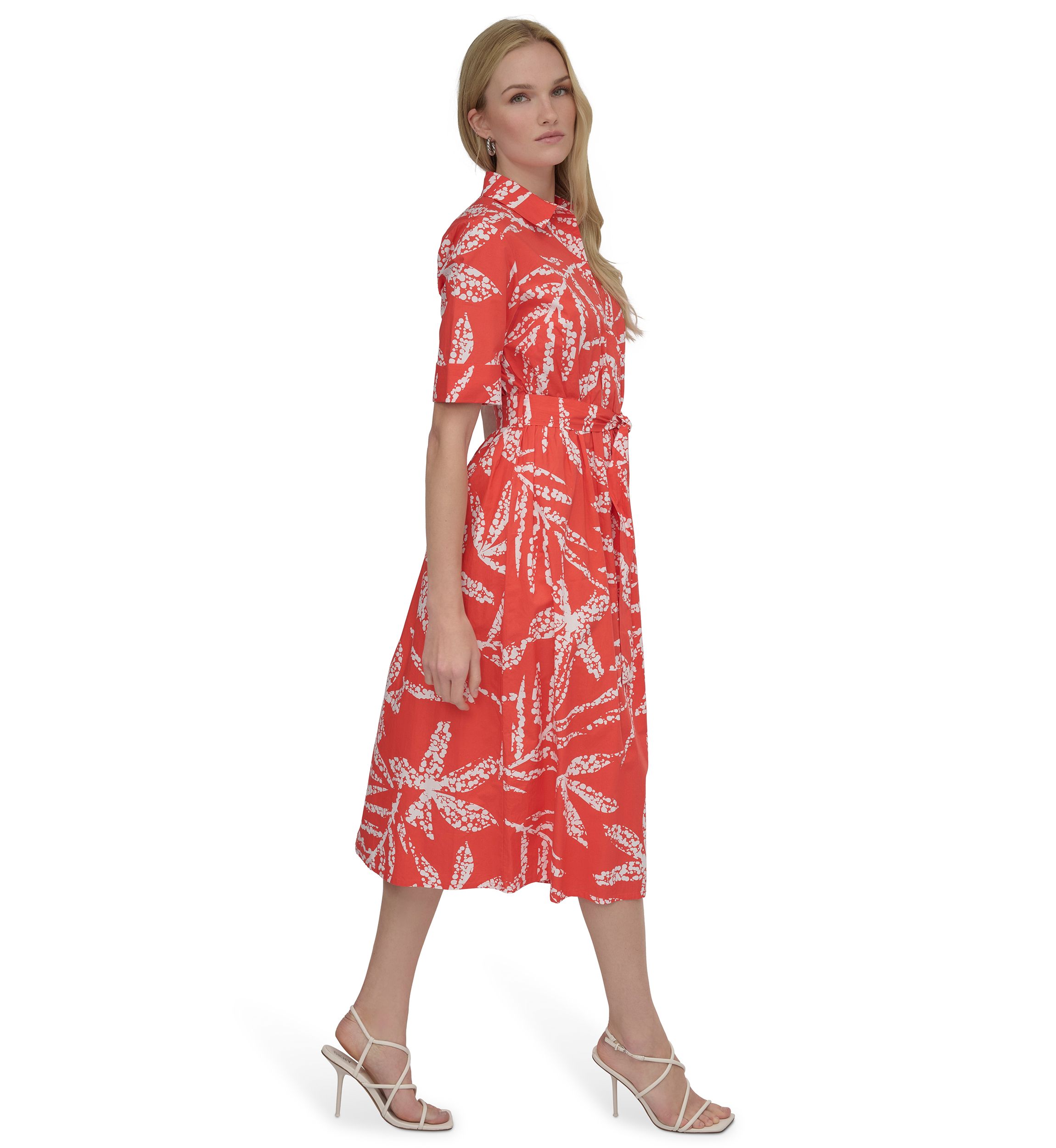 Womens Elbow Sleeve Collar Neck Leaf Print Shirtdress 