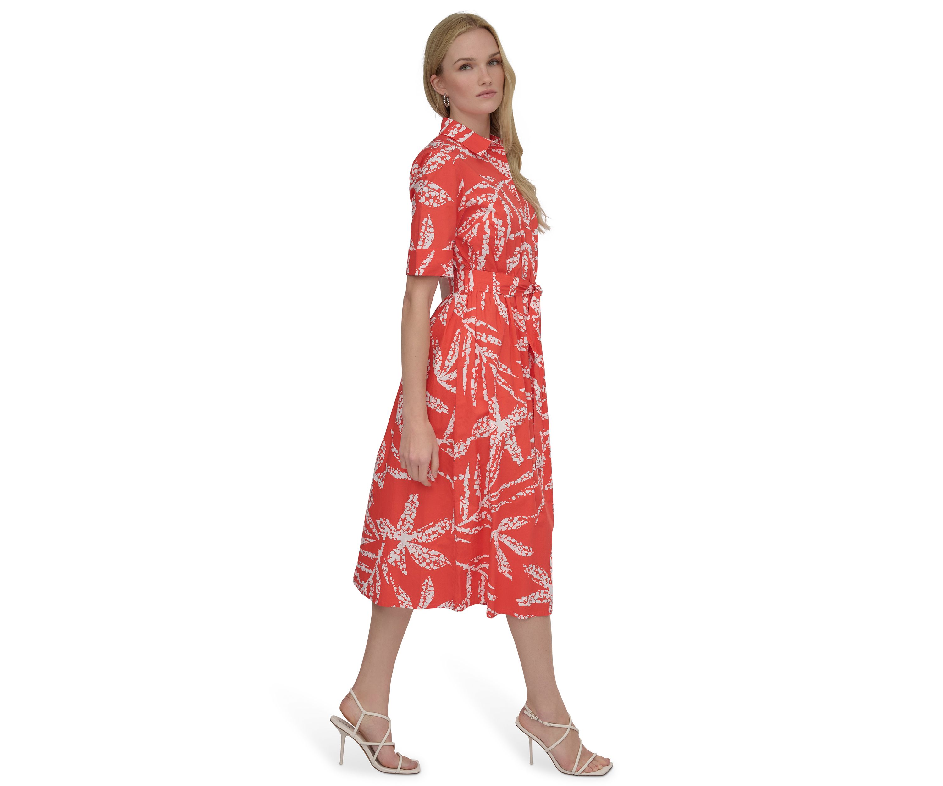 Womens Elbow Sleeve Collar Neck Leaf Print Shirtdress 