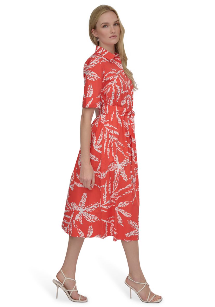 Womens Elbow Sleeve Collar Neck Leaf Print Shirtdress 