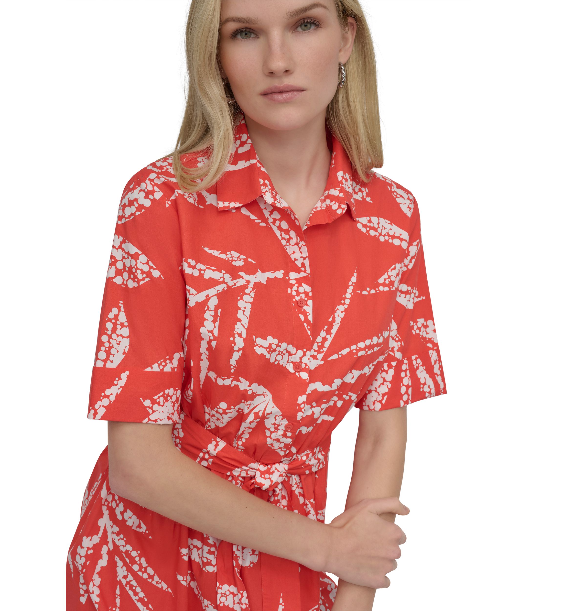 Womens Elbow Sleeve Collar Neck Leaf Print Shirtdress 