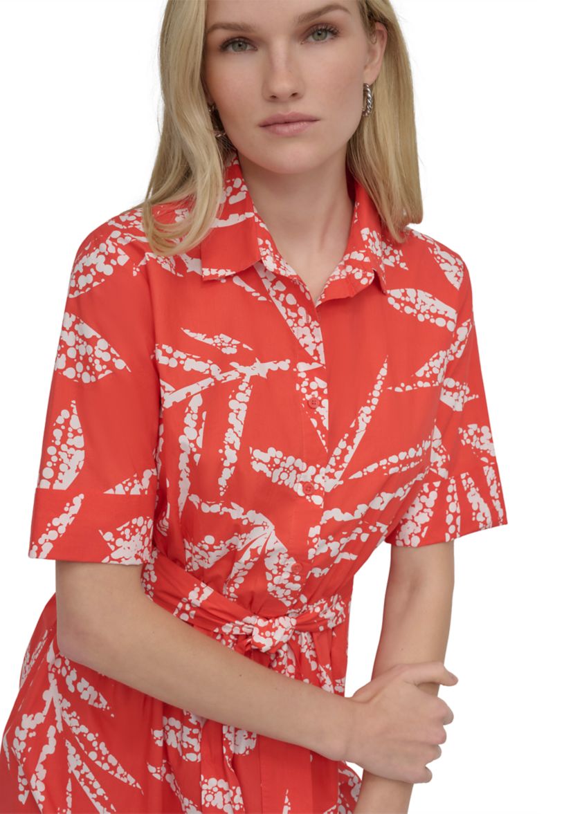 Womens Elbow Sleeve Collar Neck Leaf Print Shirtdress 