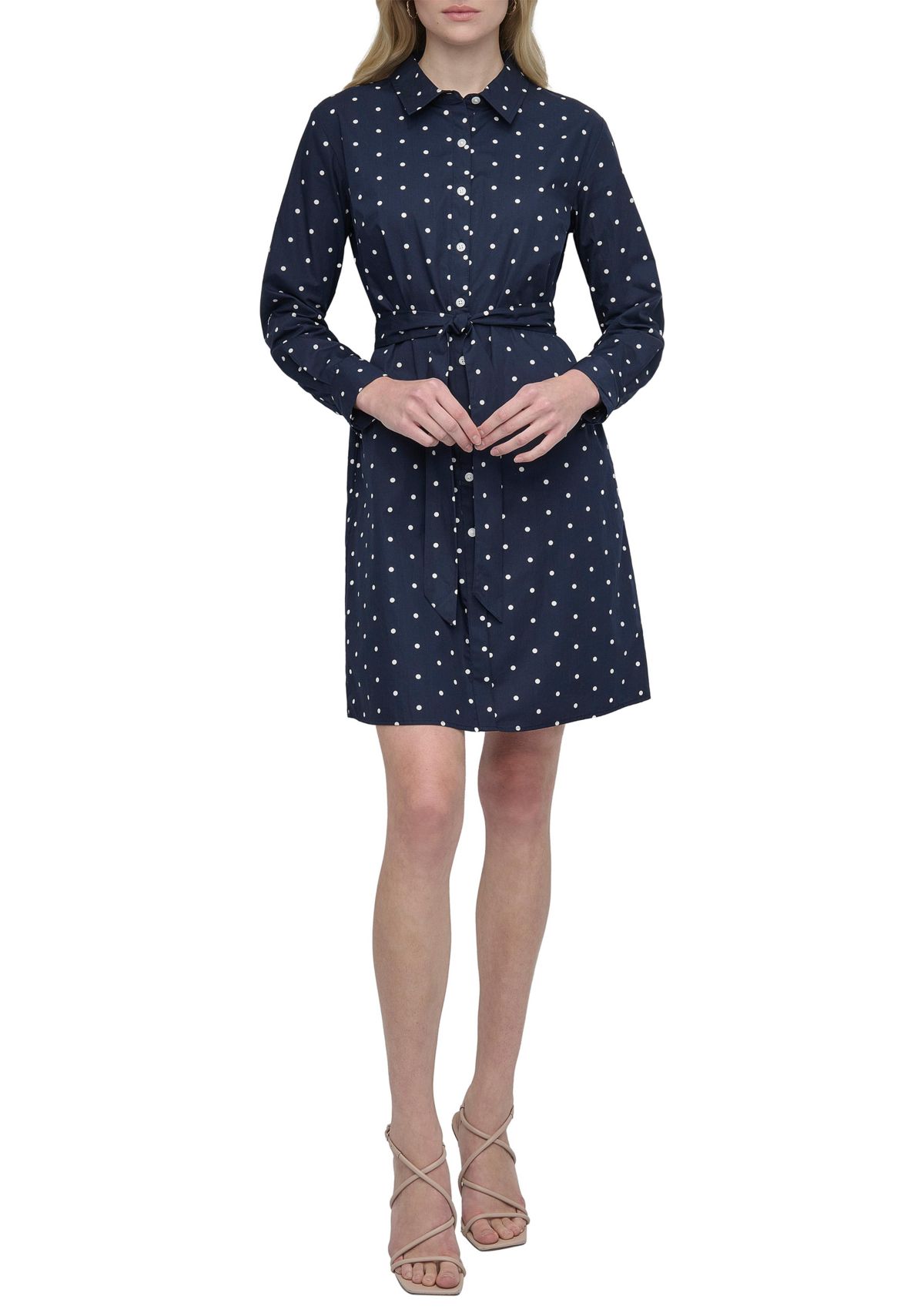 Womens Polka Dot Tie Waist Shirtdress