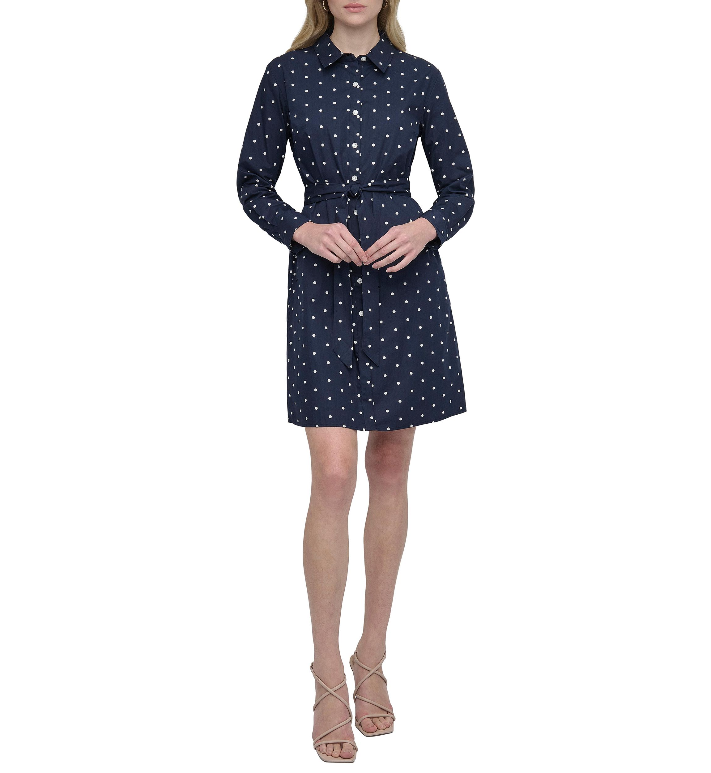Womens Polka Dot Tie Waist Shirtdress
