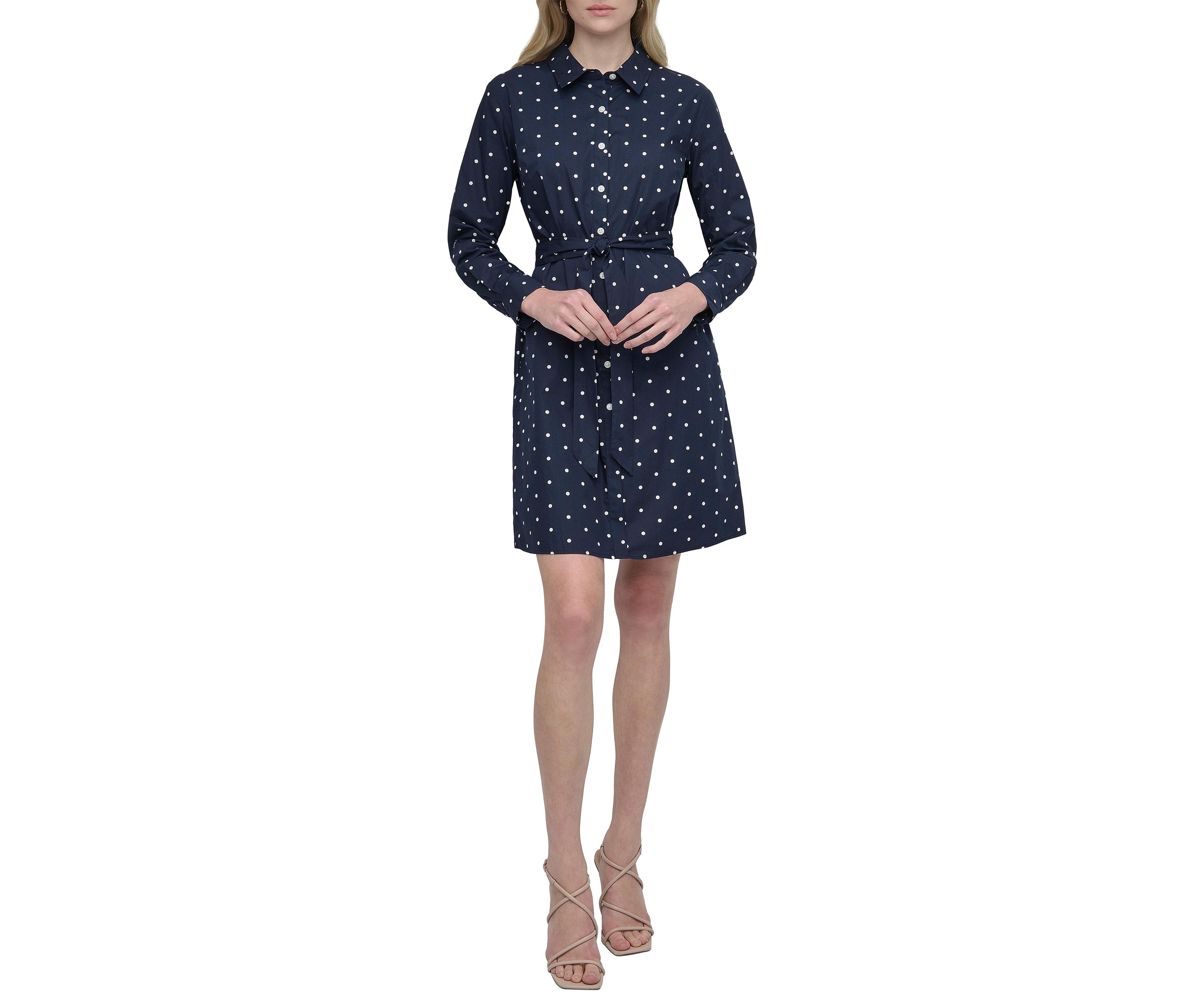 Womens Polka Dot Tie Waist Shirtdress