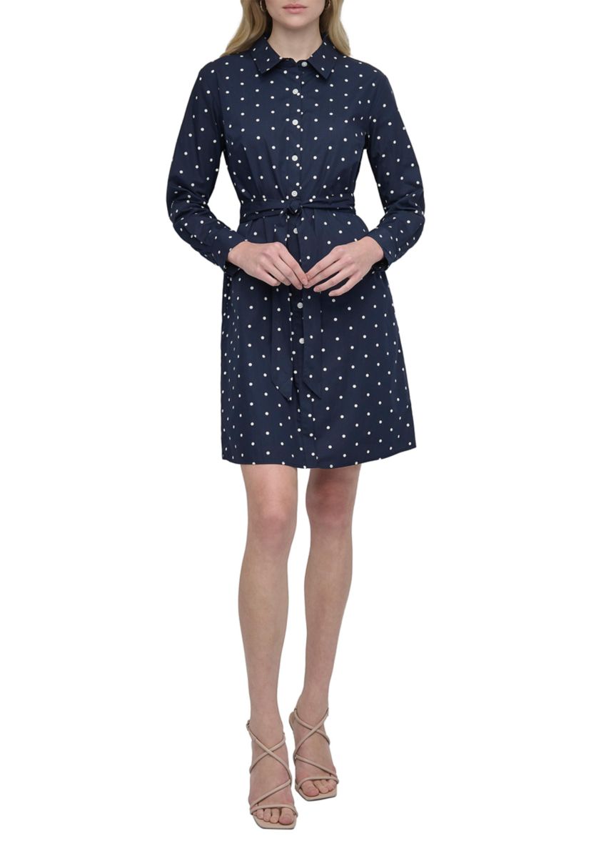 Womens Polka Dot Tie Waist Shirtdress