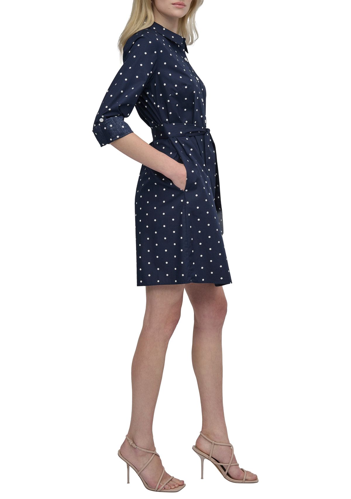 Womens Polka Dot Tie Waist Shirtdress