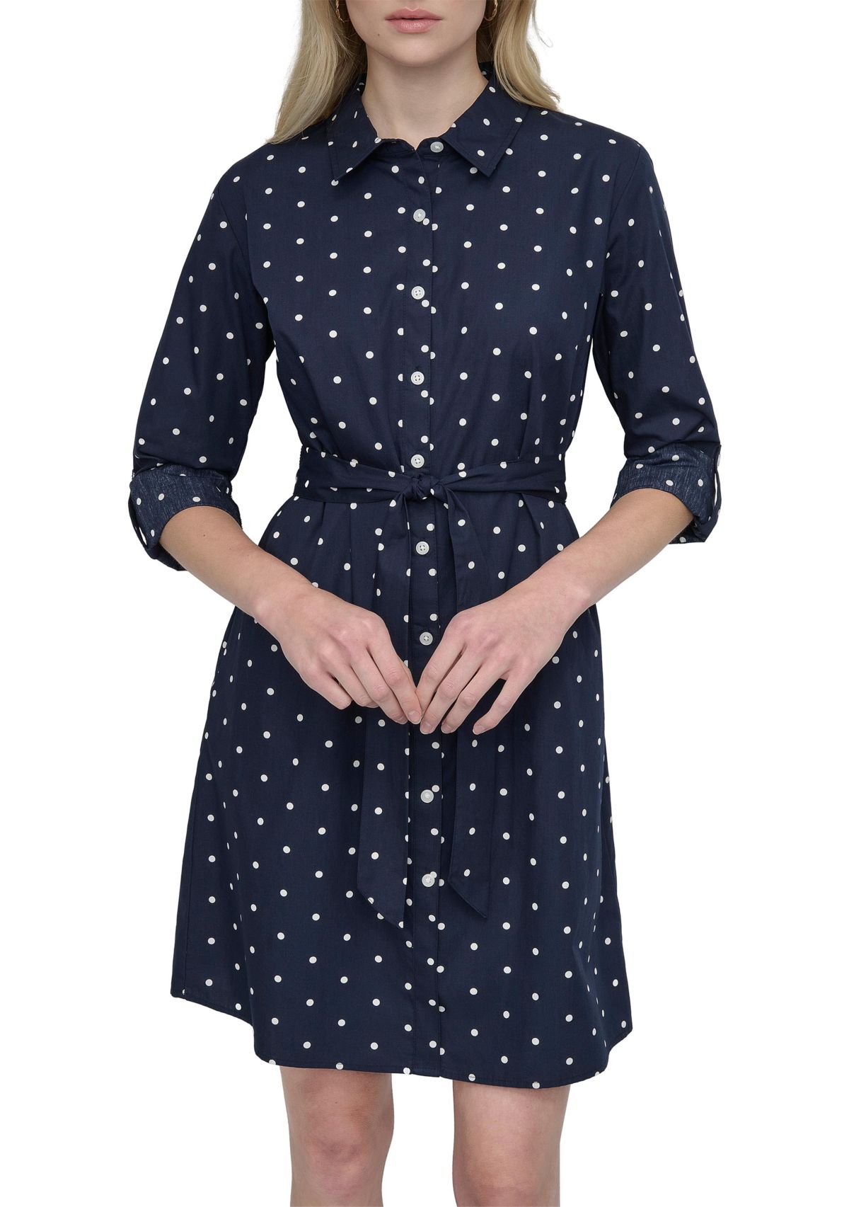 Womens Polka Dot Tie Waist Shirtdress