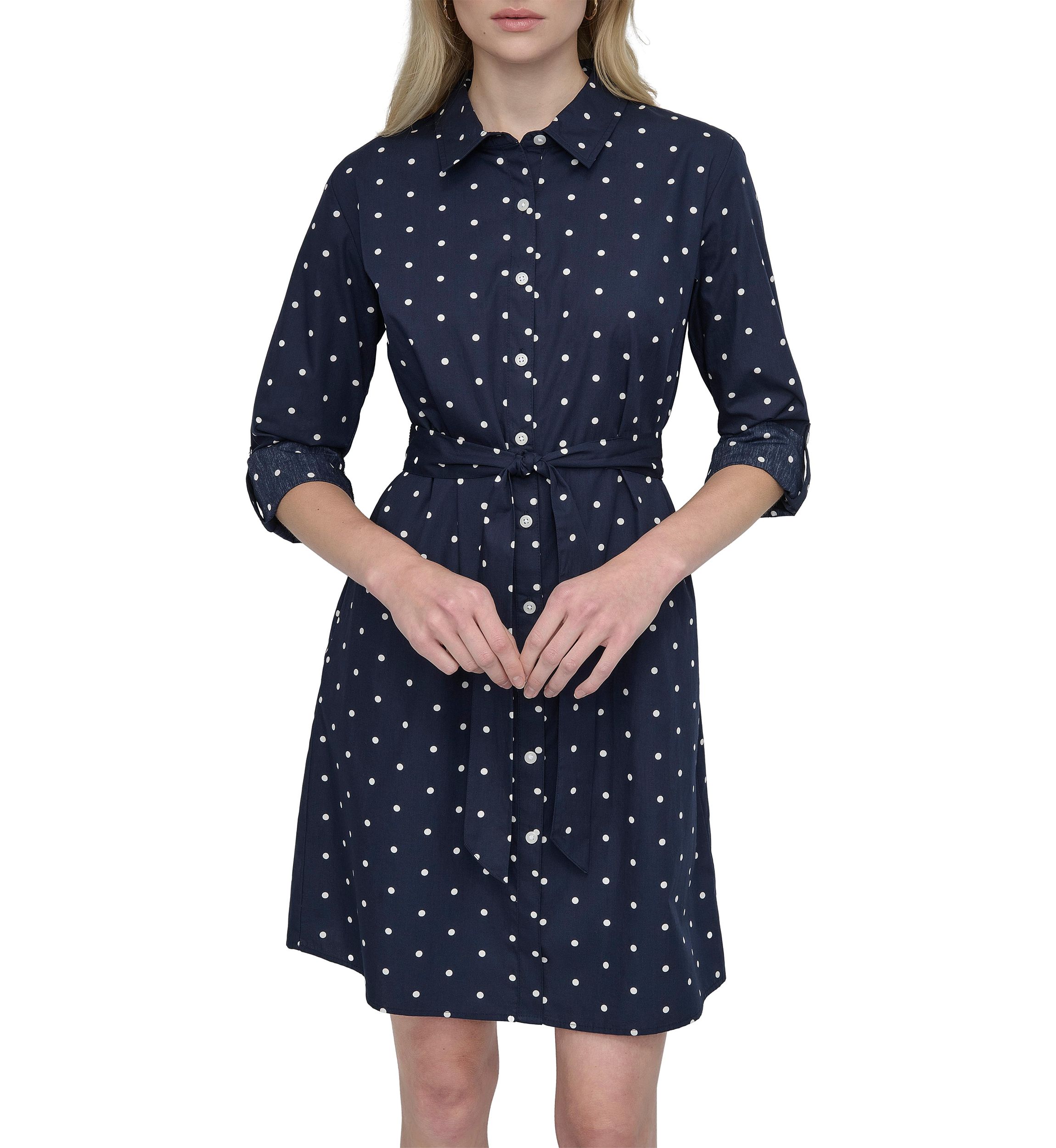 Womens Polka Dot Tie Waist Shirtdress