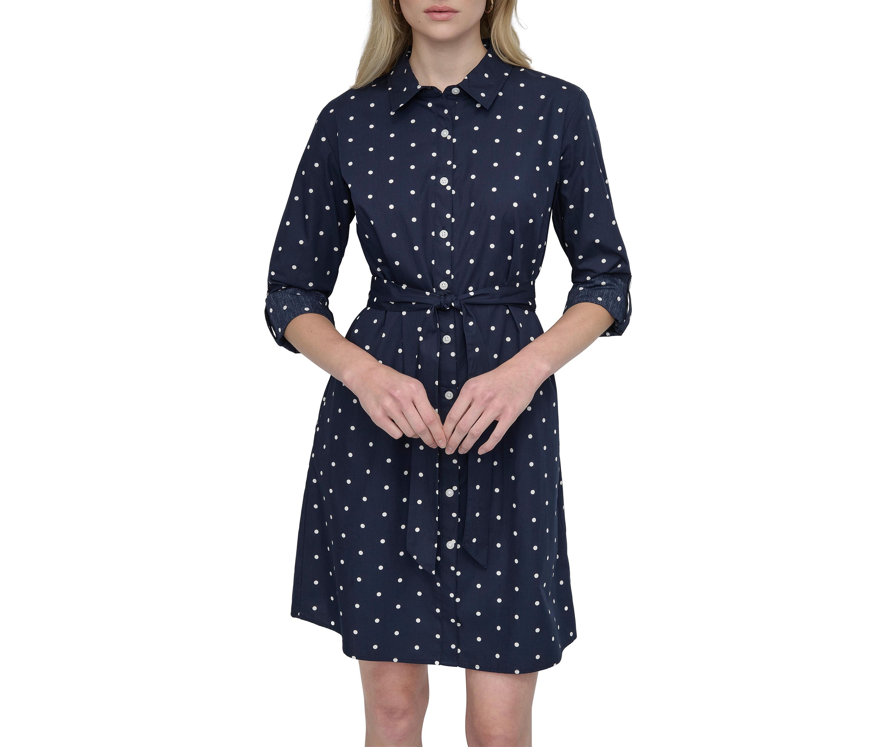 Womens Polka Dot Tie Waist Shirtdress