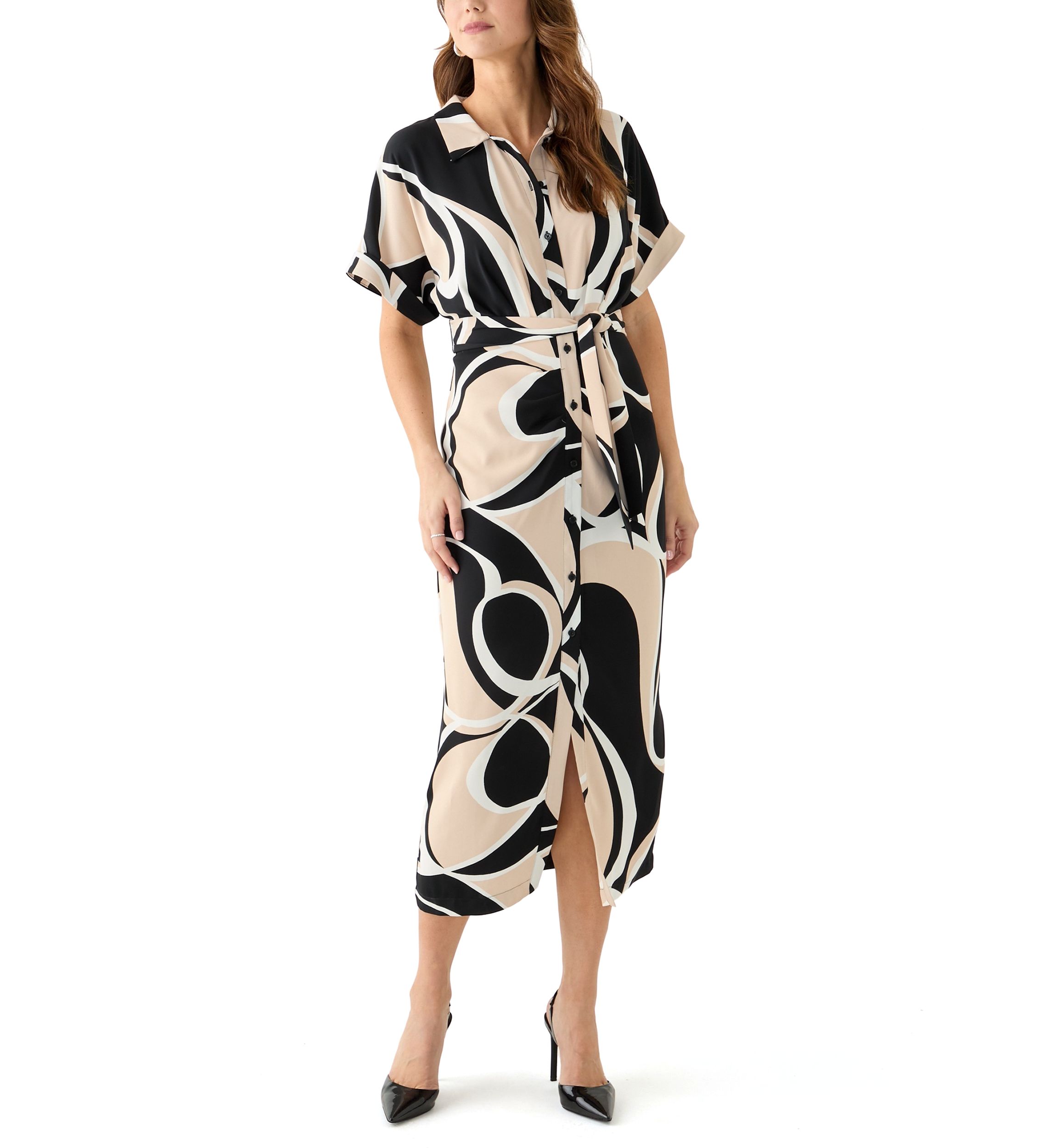 Womens Geo Printed Belted Fit and Flare Dress