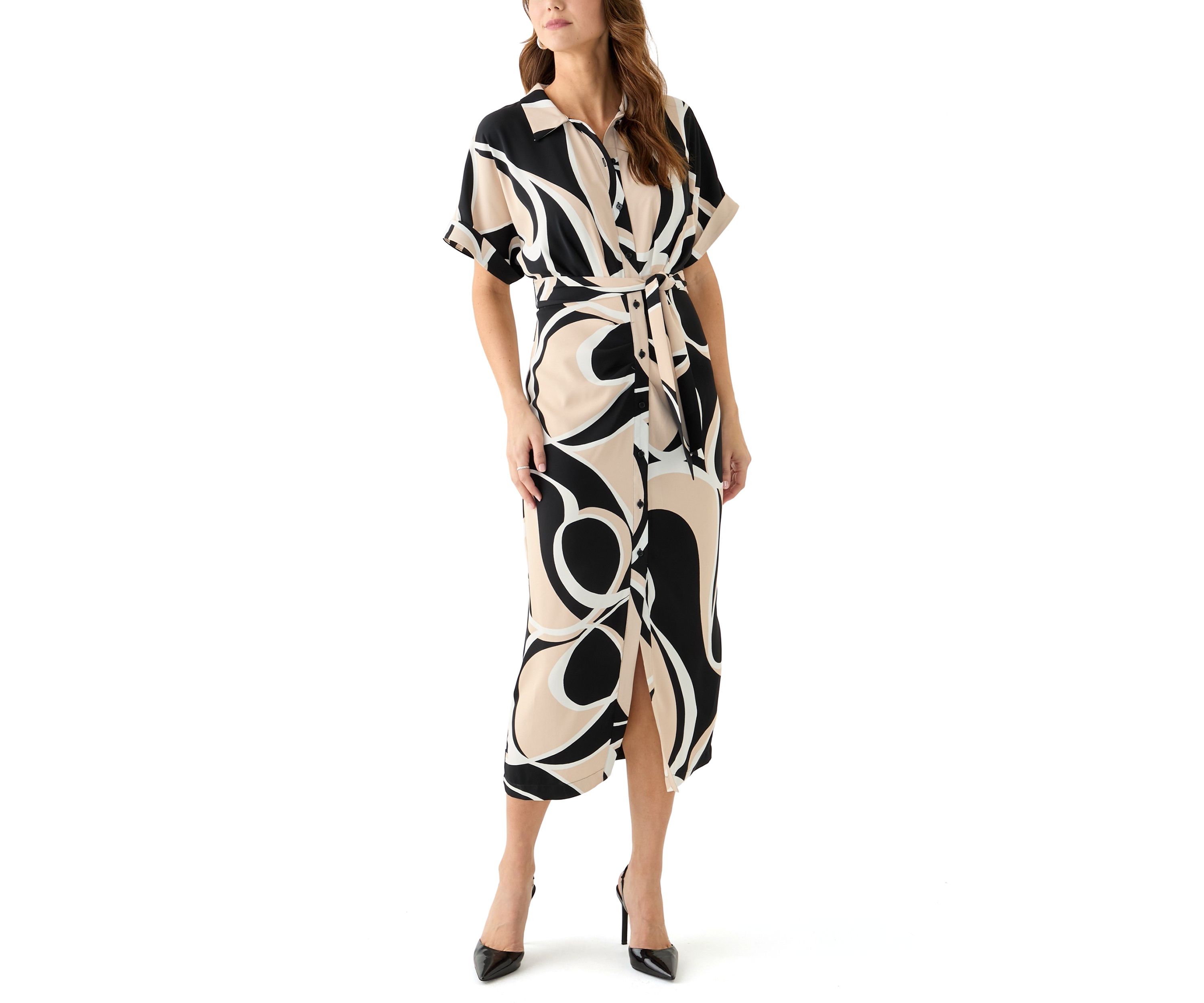 Womens Geo Printed Belted Fit and Flare Dress