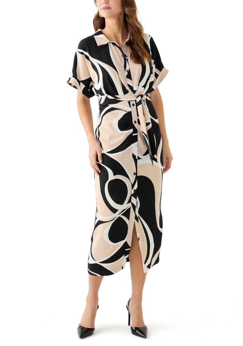 Womens Geo Printed Belted Fit and Flare Dress
