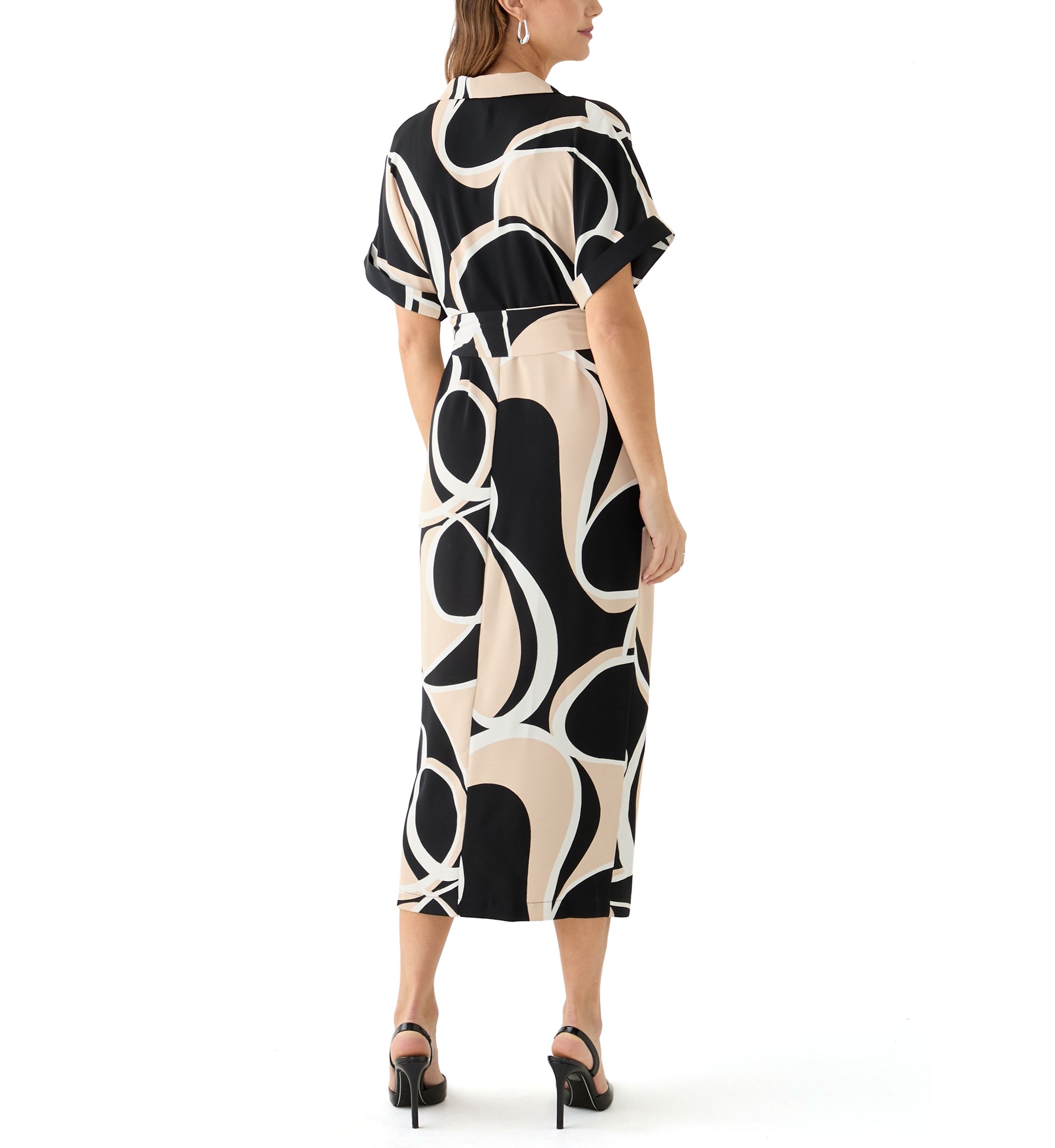 Womens Geo Printed Belted Fit and Flare Dress