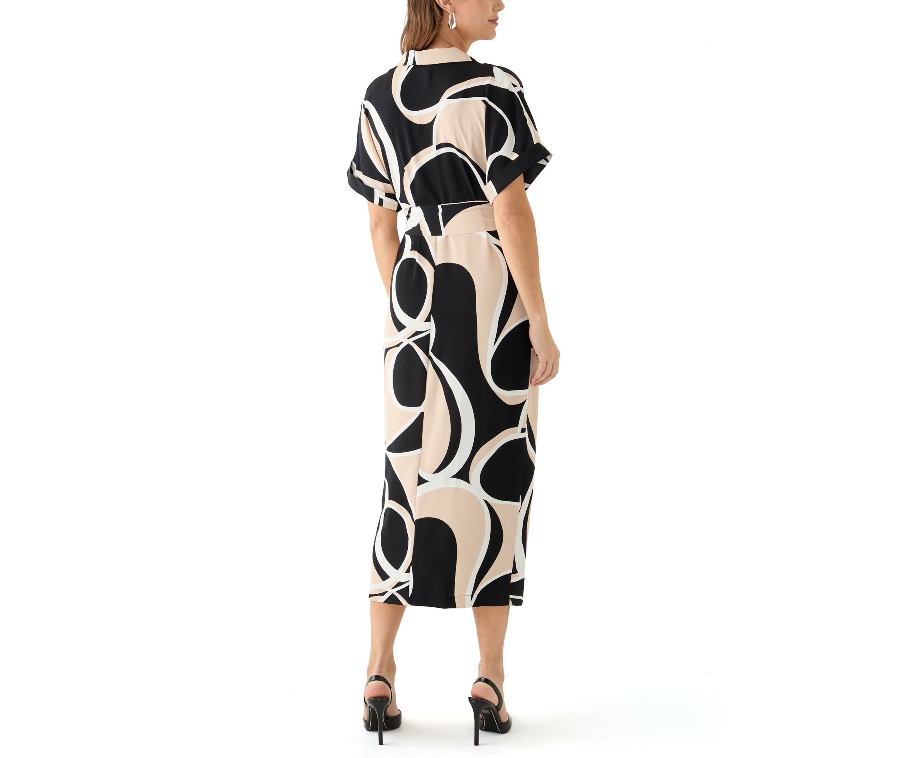 Womens Geo Printed Belted Fit and Flare Dress