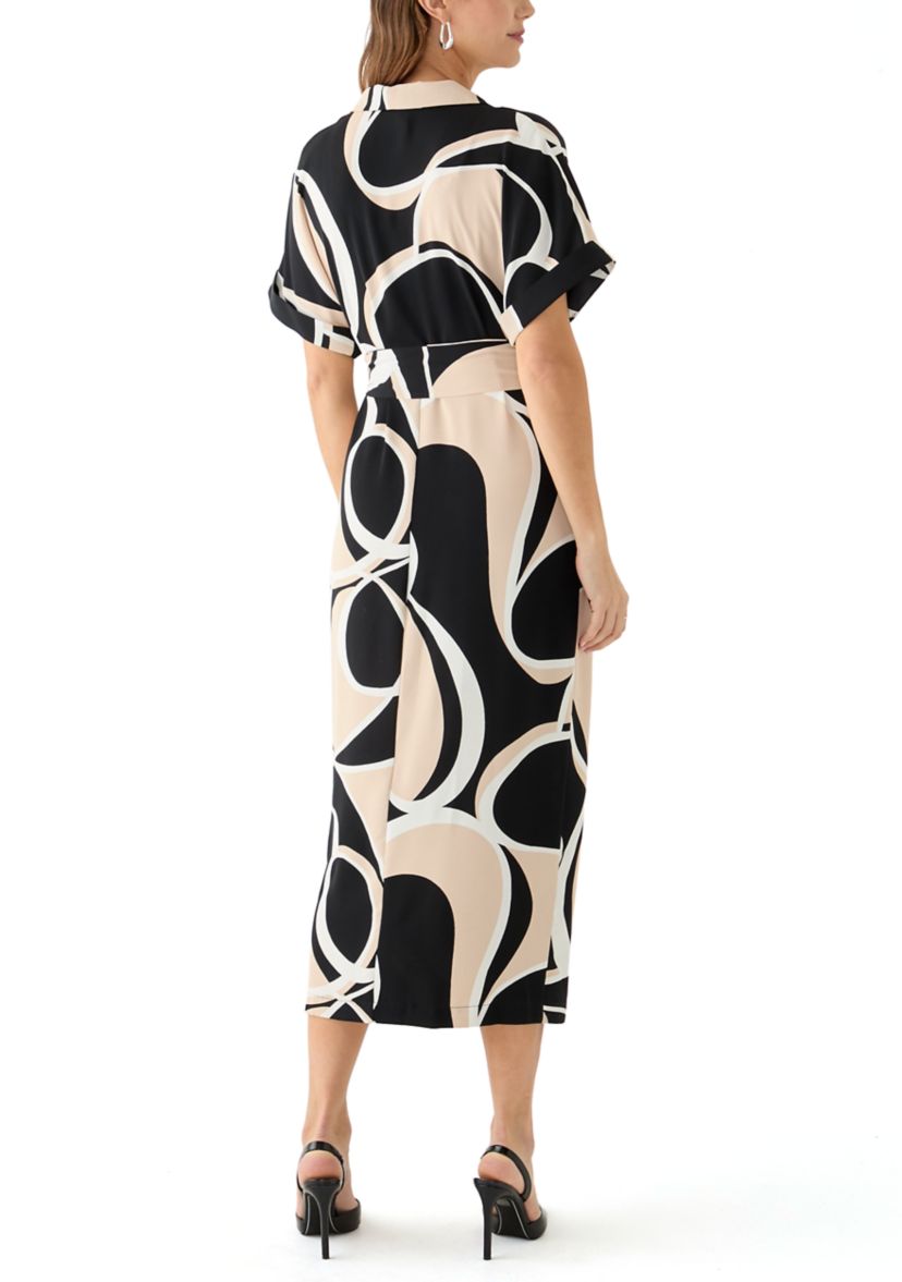Womens Geo Printed Belted Fit and Flare Dress