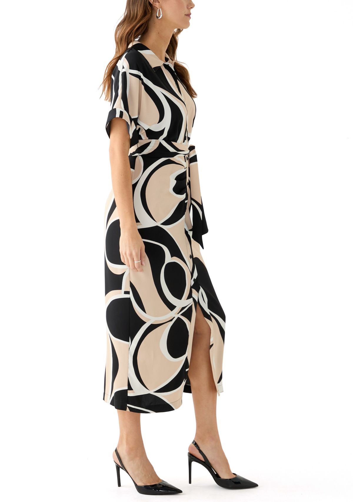 Womens Geo Printed Belted Fit and Flare Dress