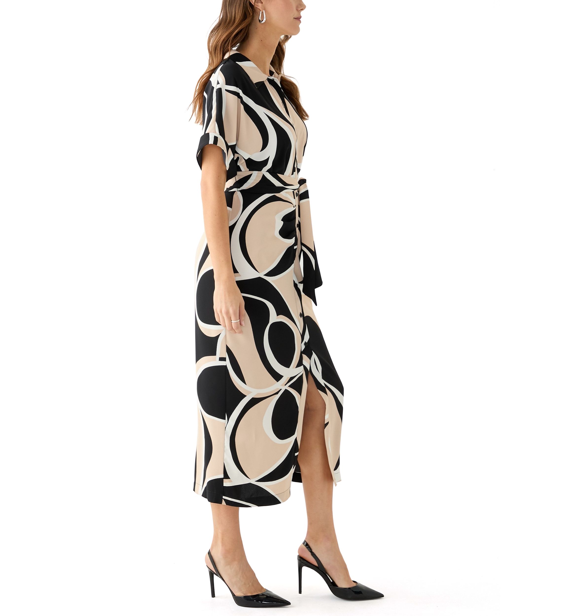 Womens Geo Printed Belted Fit and Flare Dress