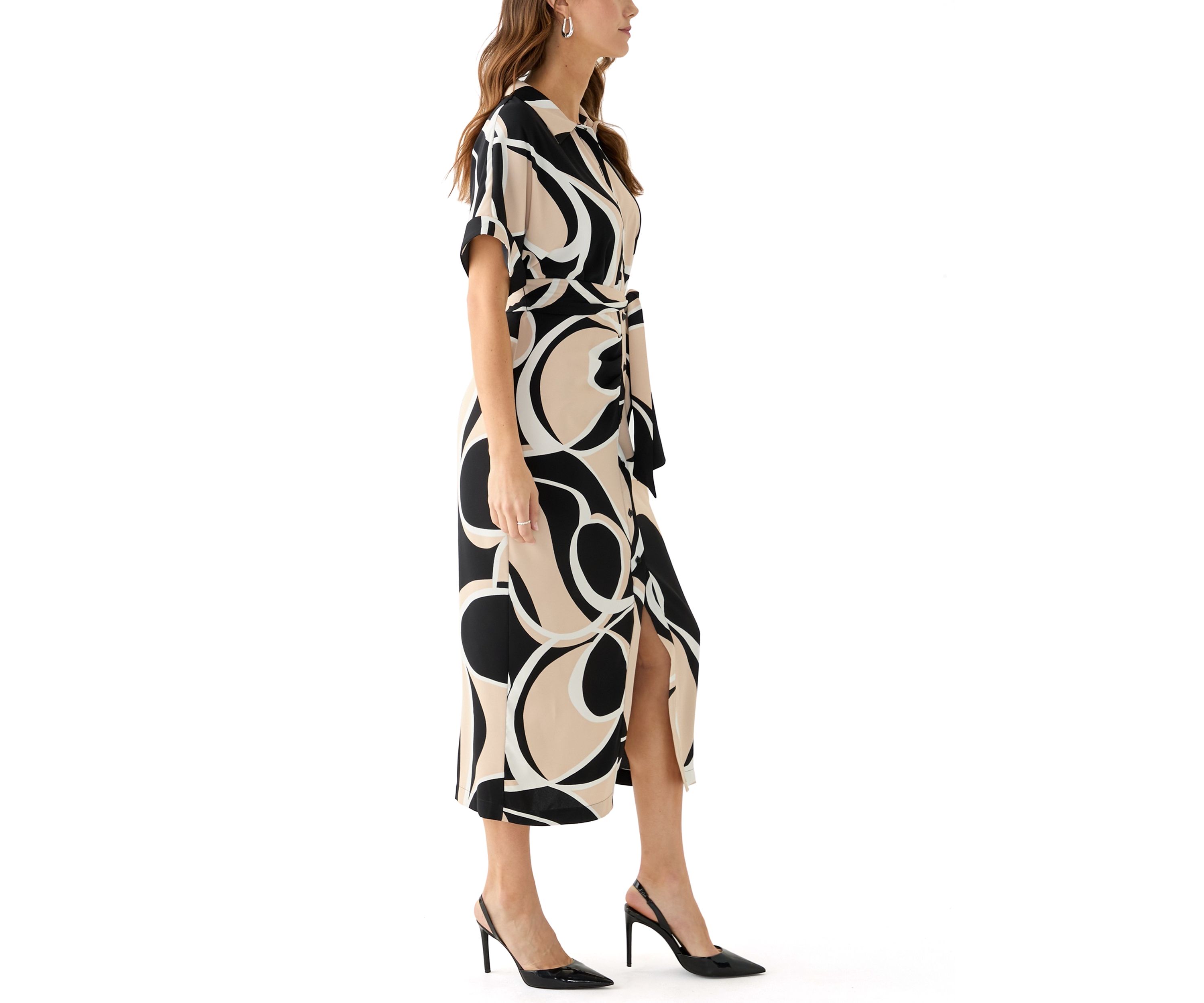 Womens Geo Printed Belted Fit and Flare Dress