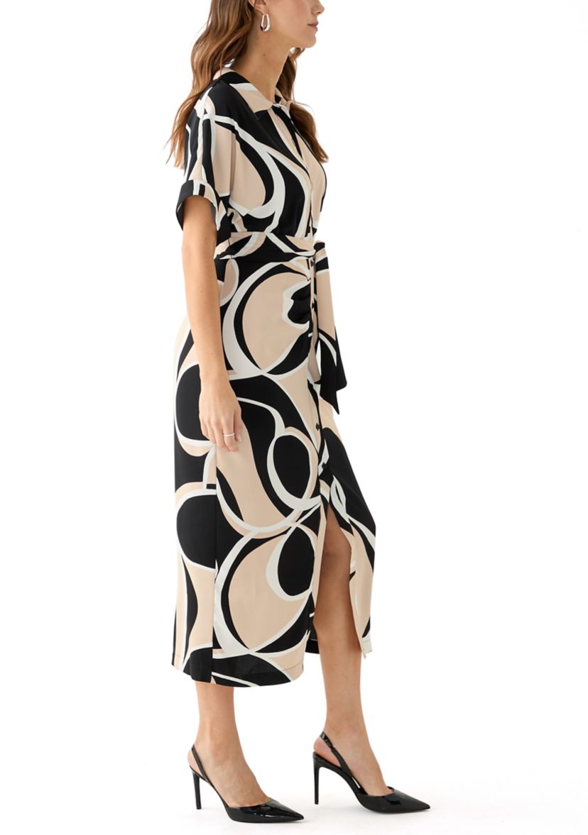 Womens Geo Printed Belted Fit and Flare Dress