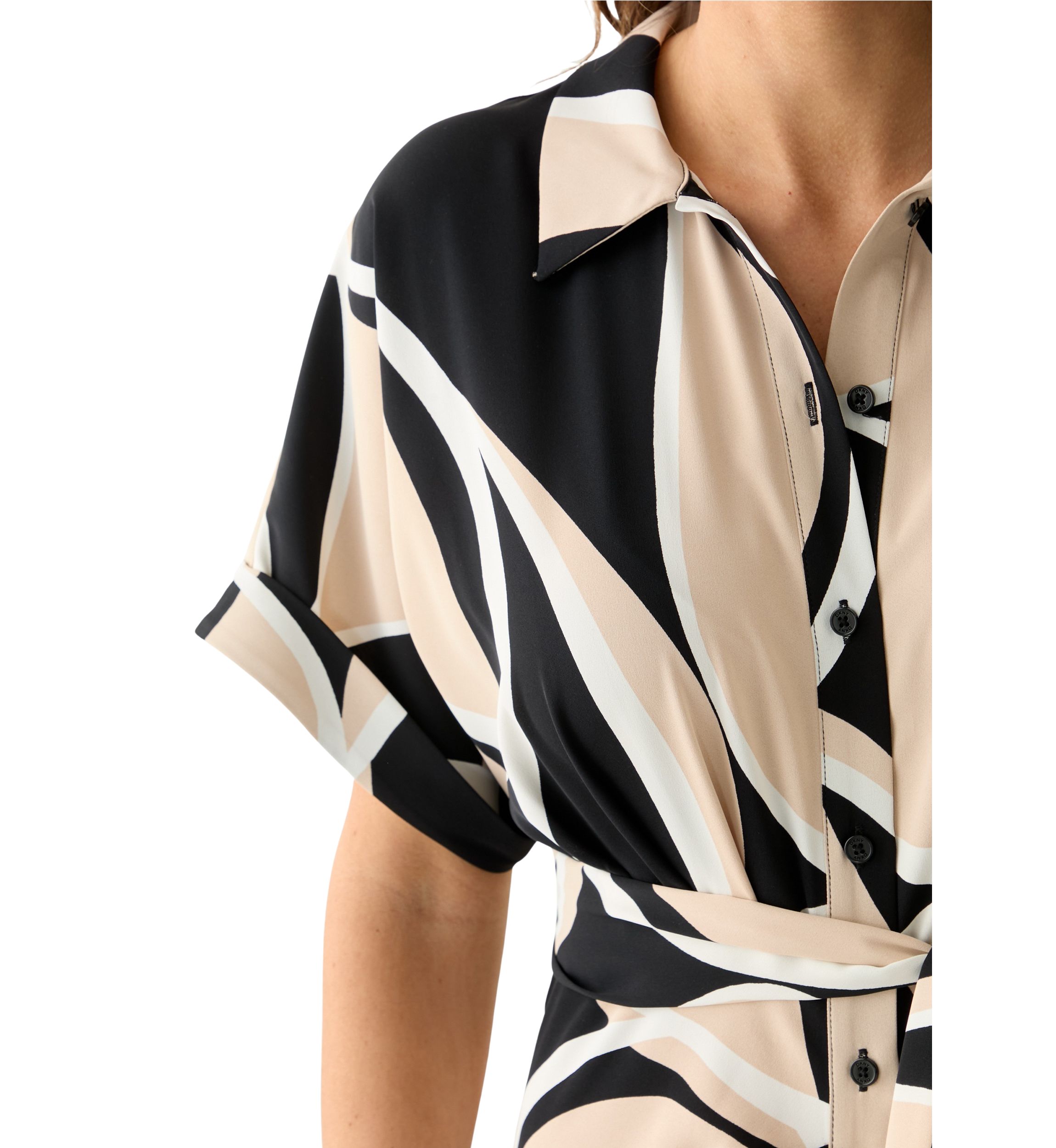 Womens Geo Printed Belted Fit and Flare Dress