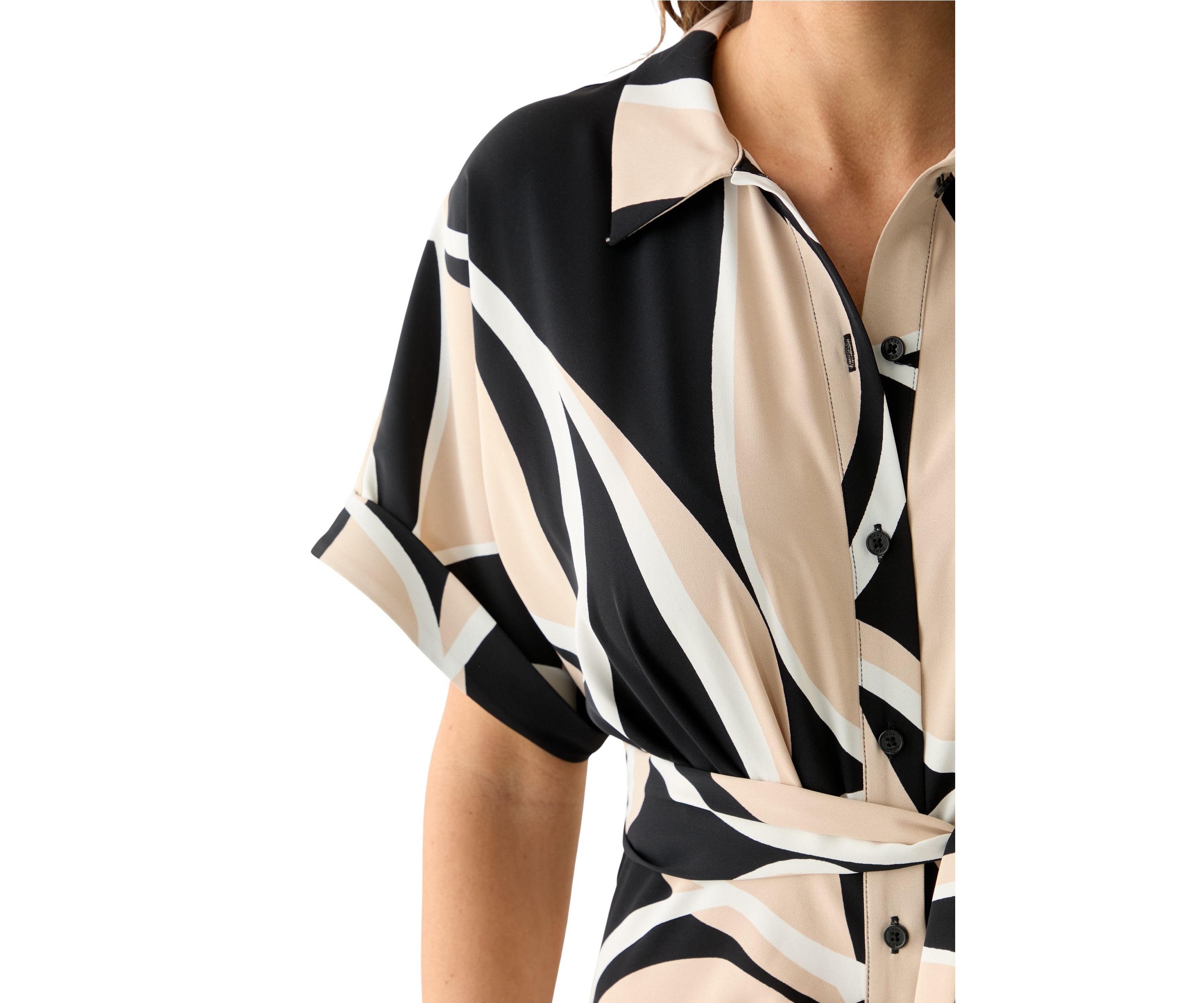 Womens Geo Printed Belted Fit and Flare Dress