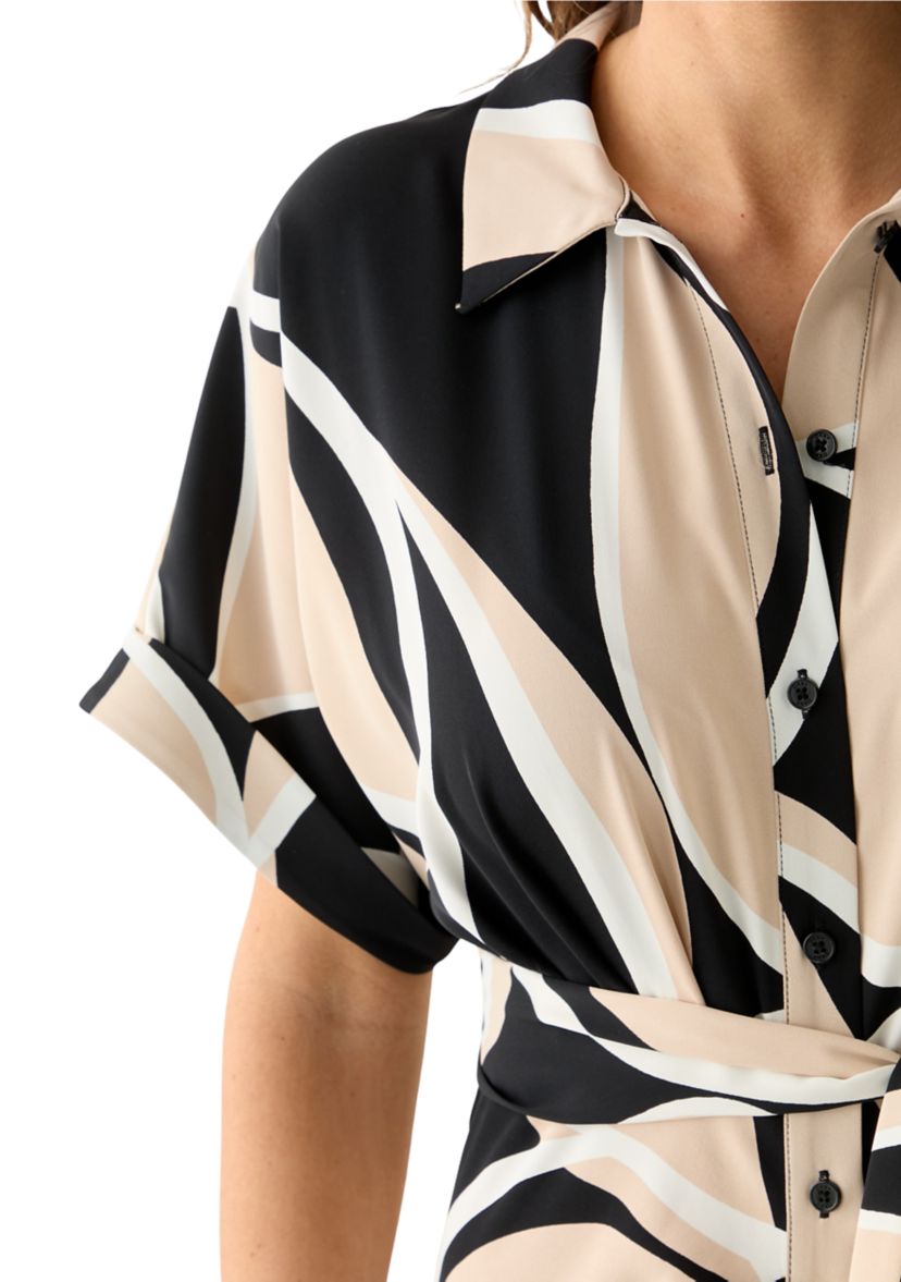 Womens Geo Printed Belted Fit and Flare Dress