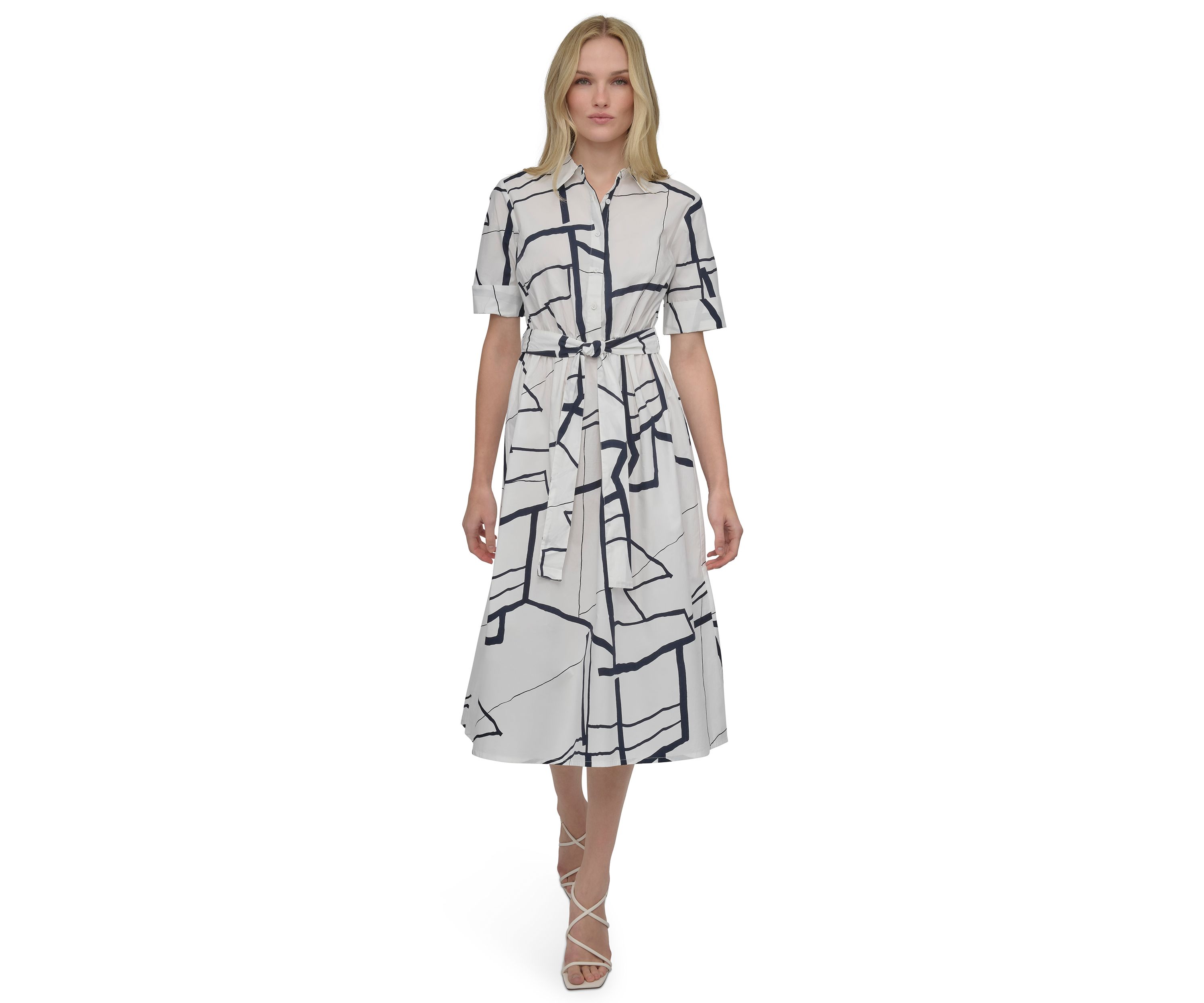 Womens Elbow Sleeve Collared Geo Print Shirtdress